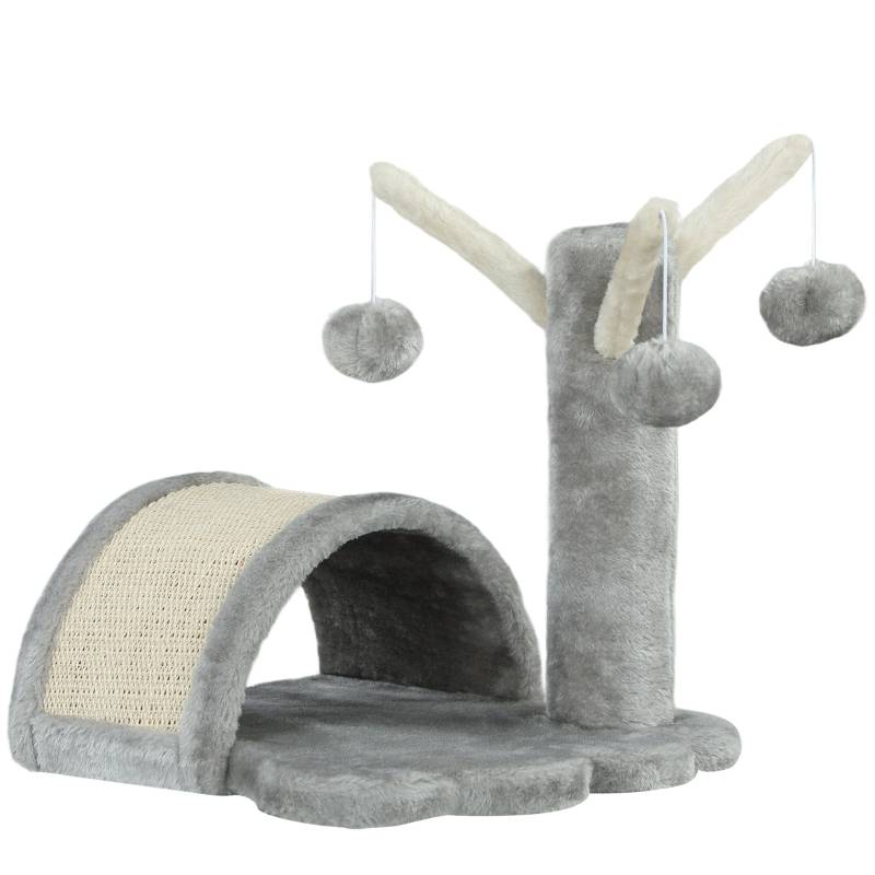 Petit arbre à chat 40cm avec grotte, 2 balles et tapis à griffer pour petits et grands chats gris clair - Image 2