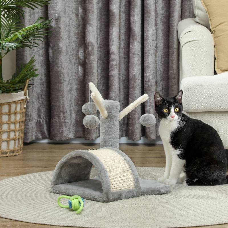 Petit arbre à chat 40cm avec grotte, 2 balles et tapis à griffer pour petits et grands chats gris clair