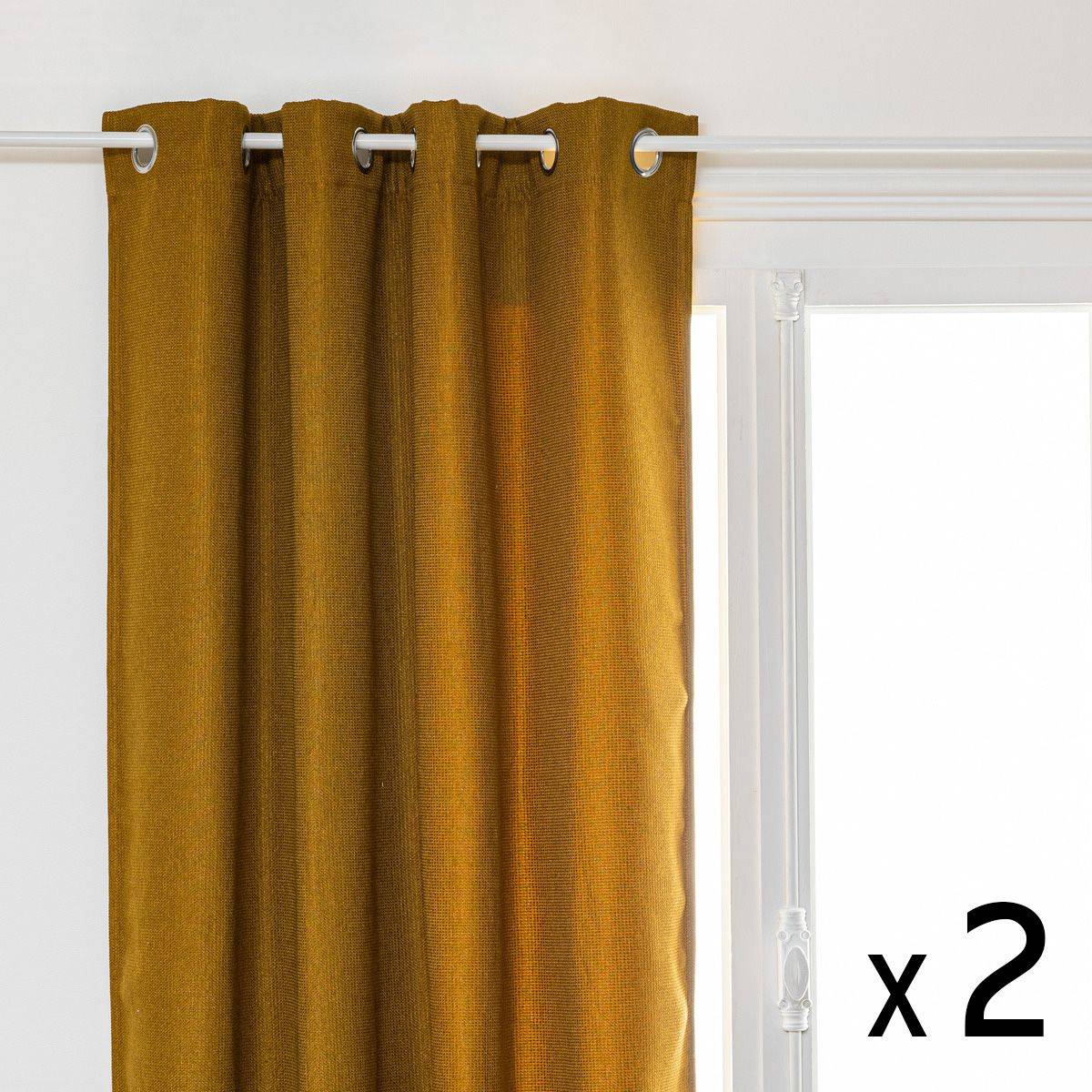 Atmosphera - Lot de 2 Rideaux à  œillets Occultant Tissu Chenille Jaune Ocre 140 x 260 cm - Imagen 1