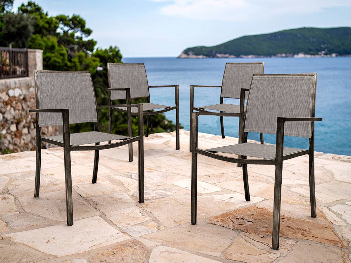 Lot de 4 Fauteuils de jardin en aluminium et textilène empilable aspect teck SANTORIN - Jardiline - Imagen 2