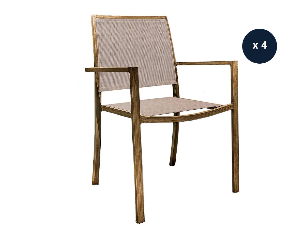 Lot de 4 Fauteuils de jardin en aluminium et textilène empilable aspect teck SANTORIN - Jardiline - Imagen 1