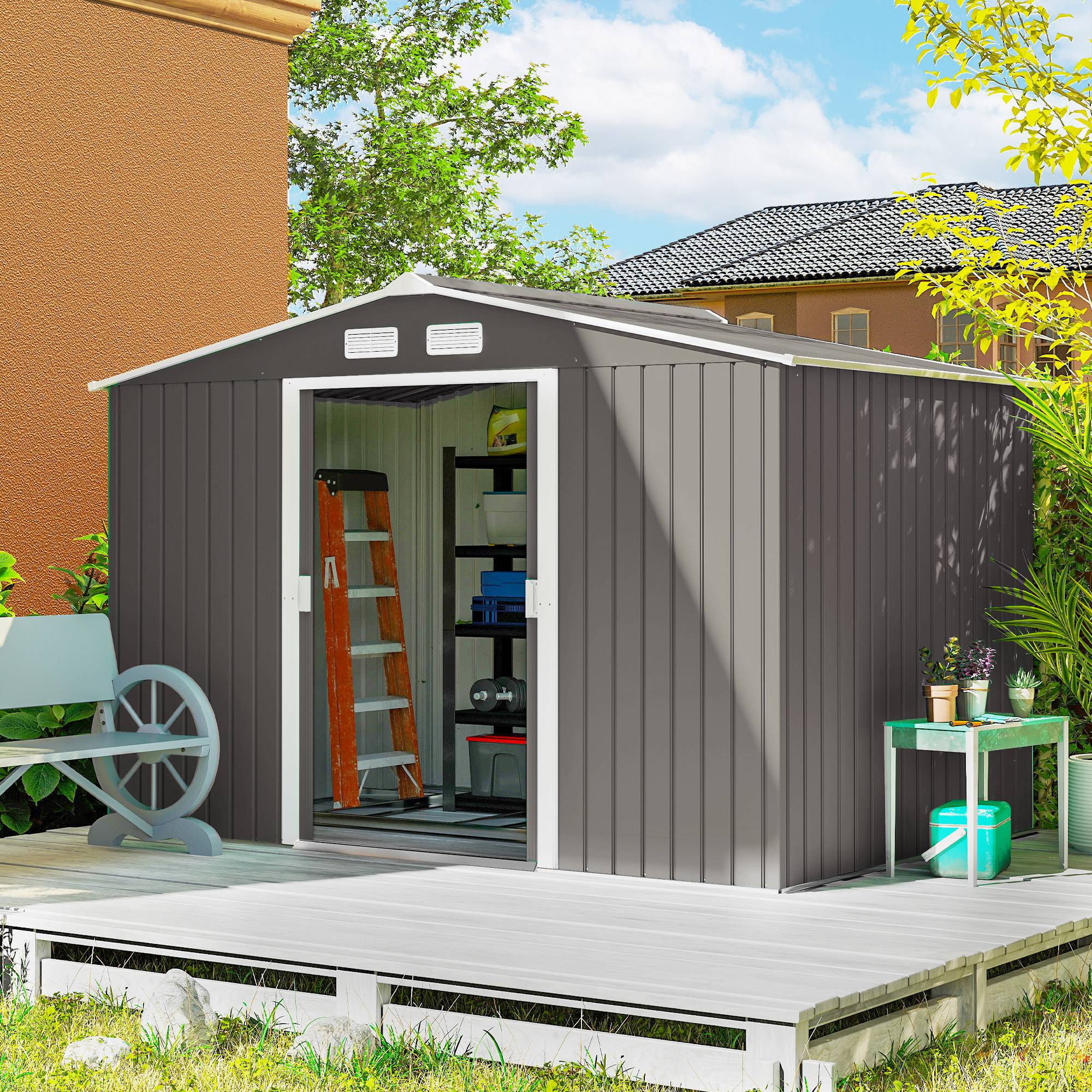 Abri de jardin 4,9 m² 277 x 195 x 192 cm avec 2 portes coulissantes, base renforcée (plancher non inclus), gris - Image 10