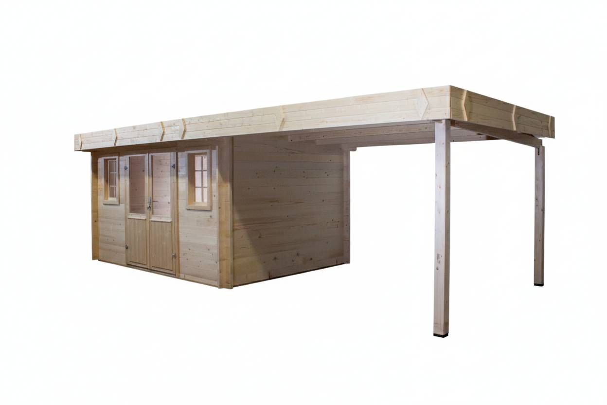 Habrita - Abri Madriers bois massif - 42 mm- surface extérieur 21,38 m2 avec bûcher  - Toit plat - bac acier - Image 4