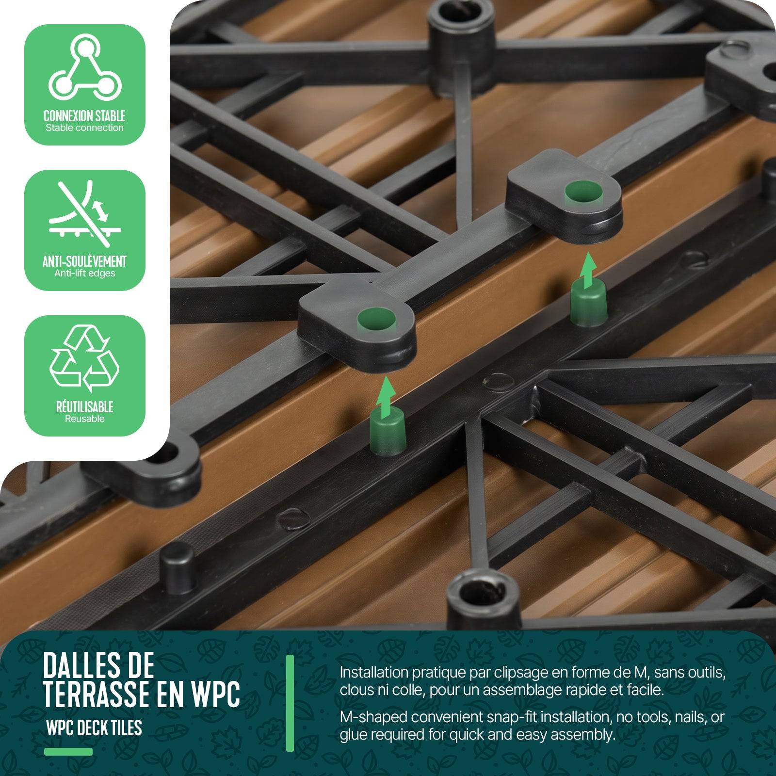 Vounot - Lot de 16 Dalles clipsables extérieur 30x30 cm - WPC - Caillebotis de terrasse antidérapant et drainant - Couleur bois - VOUNOT® - Image 5