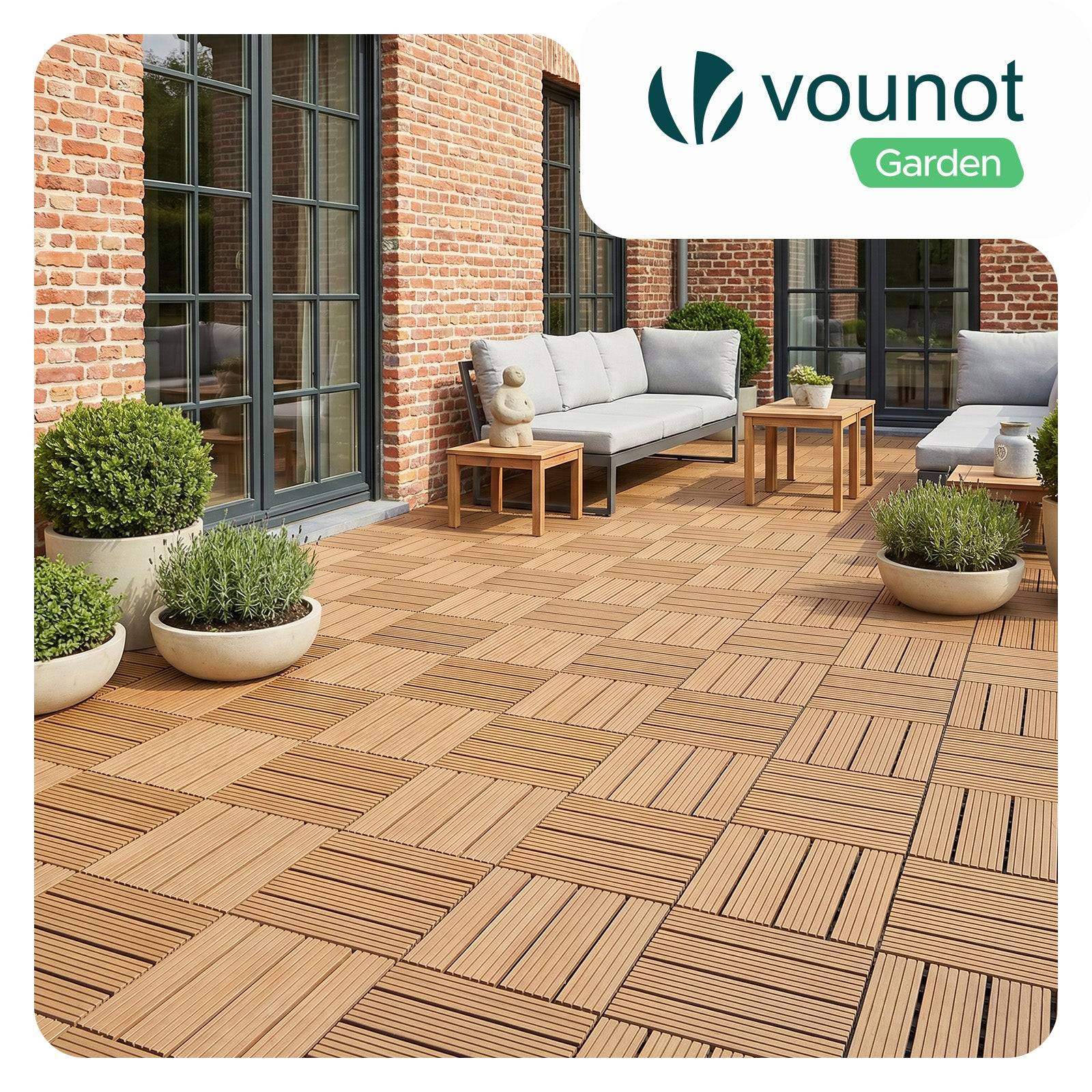 Vounot - Lot de 16 Dalles clipsables extérieur 30x30 cm - WPC - Caillebotis de terrasse antidérapant et drainant - Couleur bois - VOUNOT® - Image 2