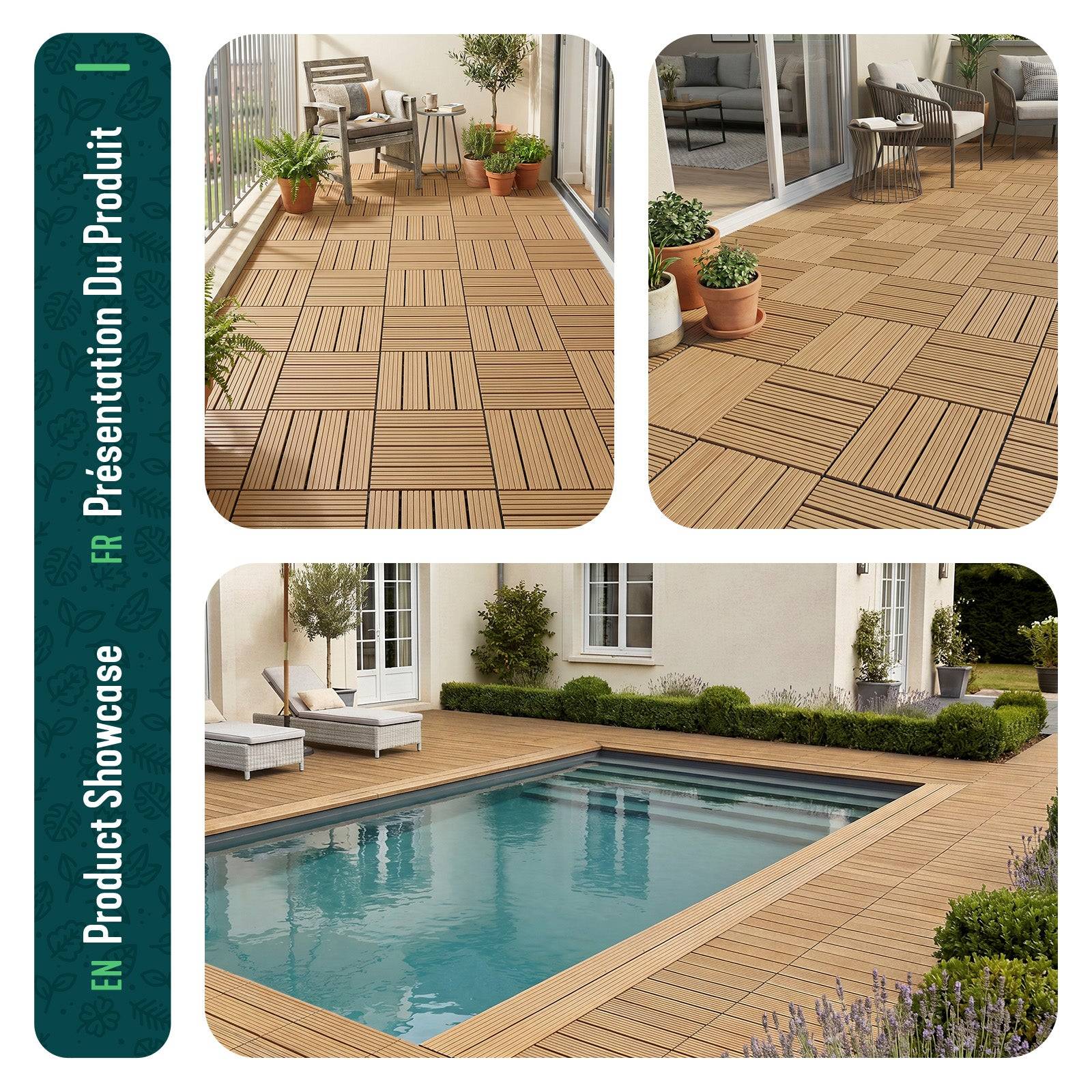 Vounot - Lot de 16 Dalles clipsables extérieur 30x30 cm - WPC - Caillebotis de terrasse antidérapant et drainant - Couleur bois - VOUNOT® - Image 7