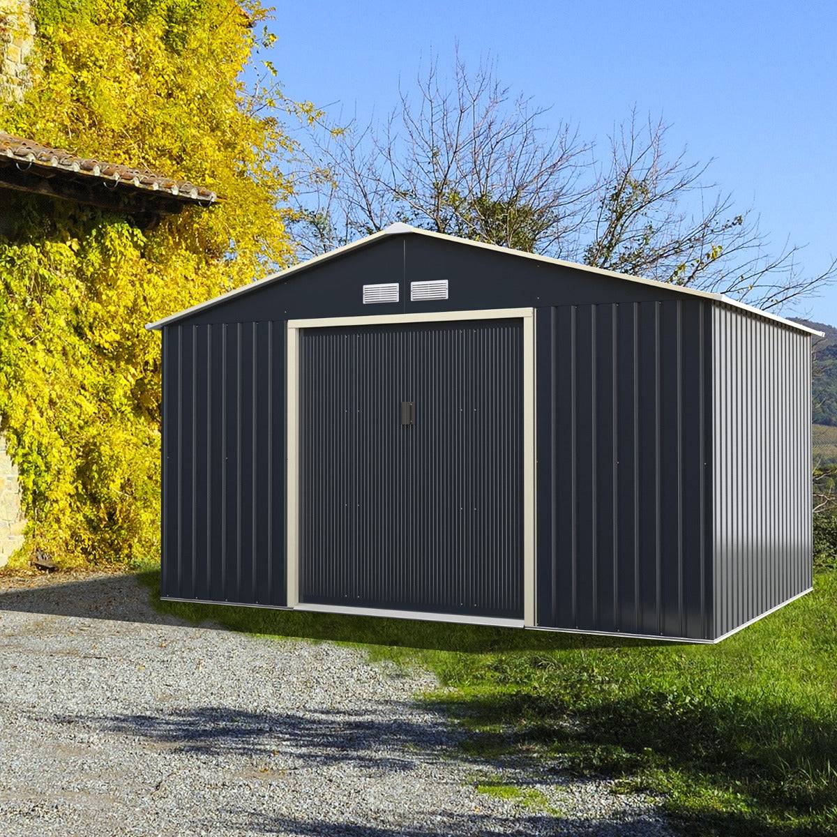 Helloshop26 - Abri de jardin en métal 8,67 ㎡ 340 x 255 x 210 cm avec 2 portes coulissantes verrouillables 4 trous d’aération gris pour vélo - Imagen 2