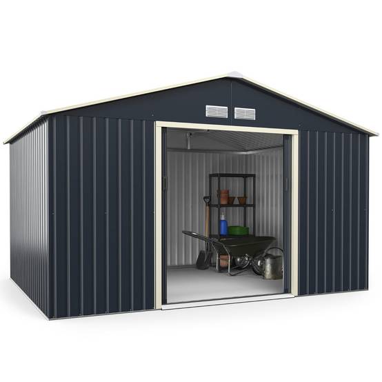 Helloshop26 - Abri de jardin en métal 8,67 ㎡ 340 x 255 x 210 cm avec 2 portes coulissantes verrouillables 4 trous d’aération gris pour vélo - Imagen 1