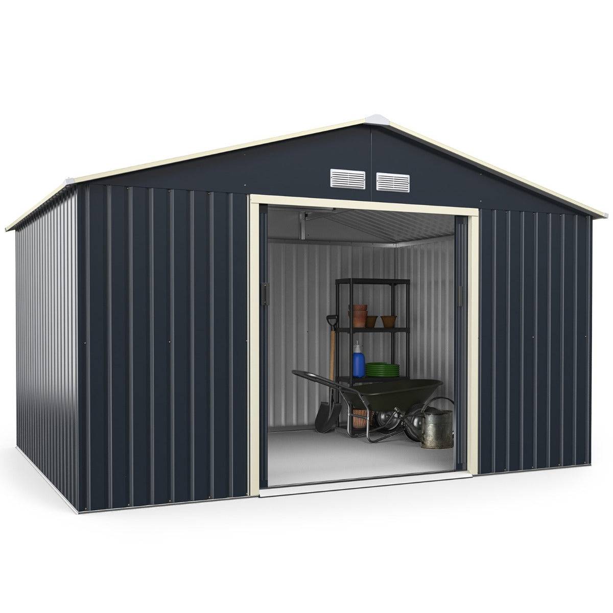Helloshop26 - Abri de jardin en métal 8,67 ㎡ 340 x 255 x 210 cm avec 2 portes coulissantes verrouillables 4 trous d’aération gris pour vélo - Imagen 1
