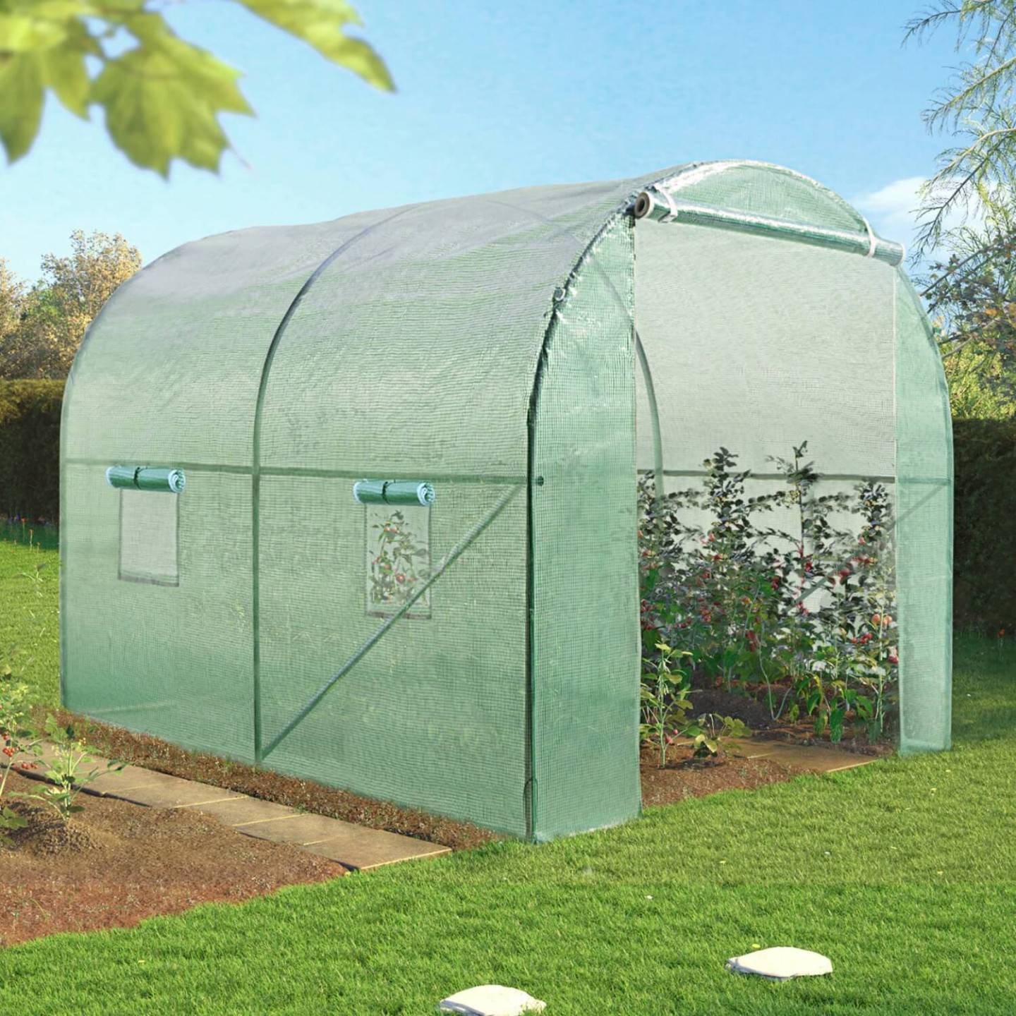 IDMARKET - Serre de jardin tunnel 6m² 3 x 2 x 2 m acier galvanisé + bâche anti-UV avec porte et fenêtres ROMA verte - Image 1