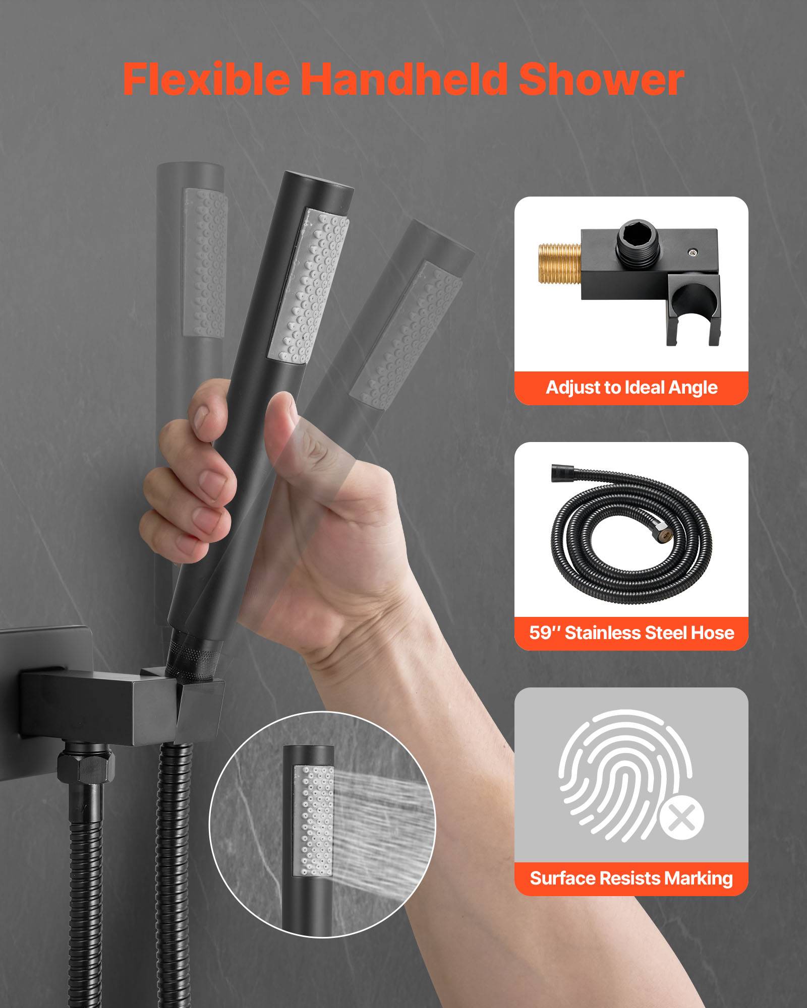 VEVOR Kit de Douche avec Douchette de Tête Carrée 25,4 cm et à Main Noir Mat - Image 3