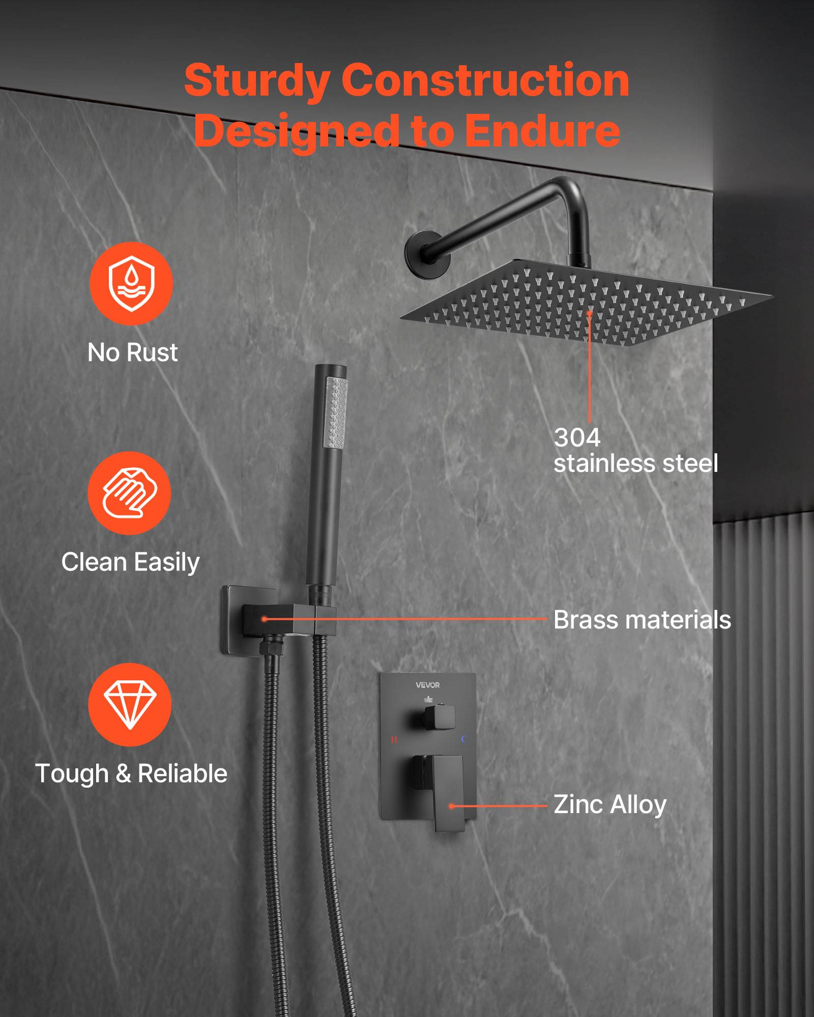 VEVOR Kit de Douche avec Douchette de Tête Carrée 25,4 cm et à Main Noir Mat - Image 6