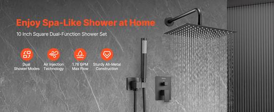 VEVOR Kit de Douche avec Douchette de Tête Carrée 25,4 cm et à Main Noir Mat - Image 9