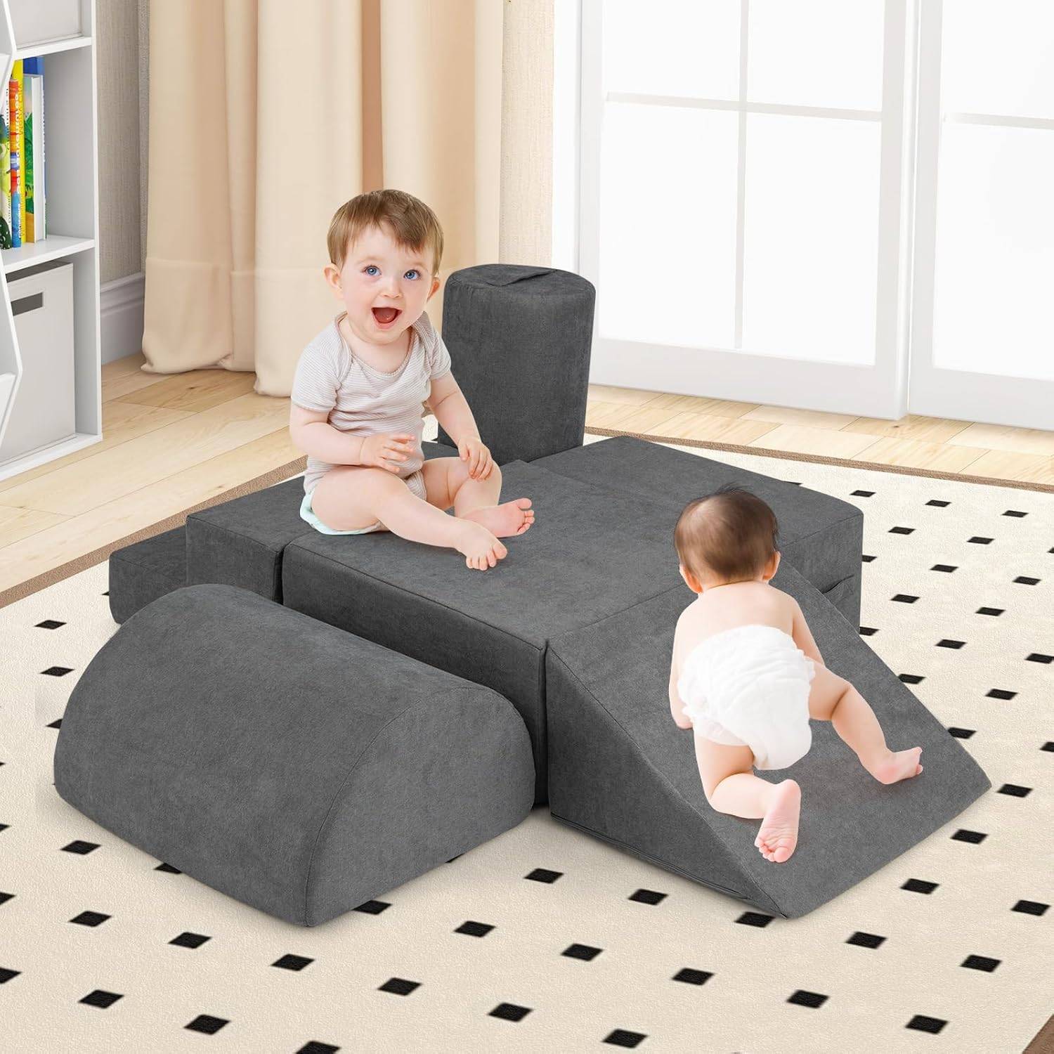 COSTWAY 7 PCS Parcours de Motricité Bébé en Mousse avec Housse en PU, Bloc de Constrcution pour