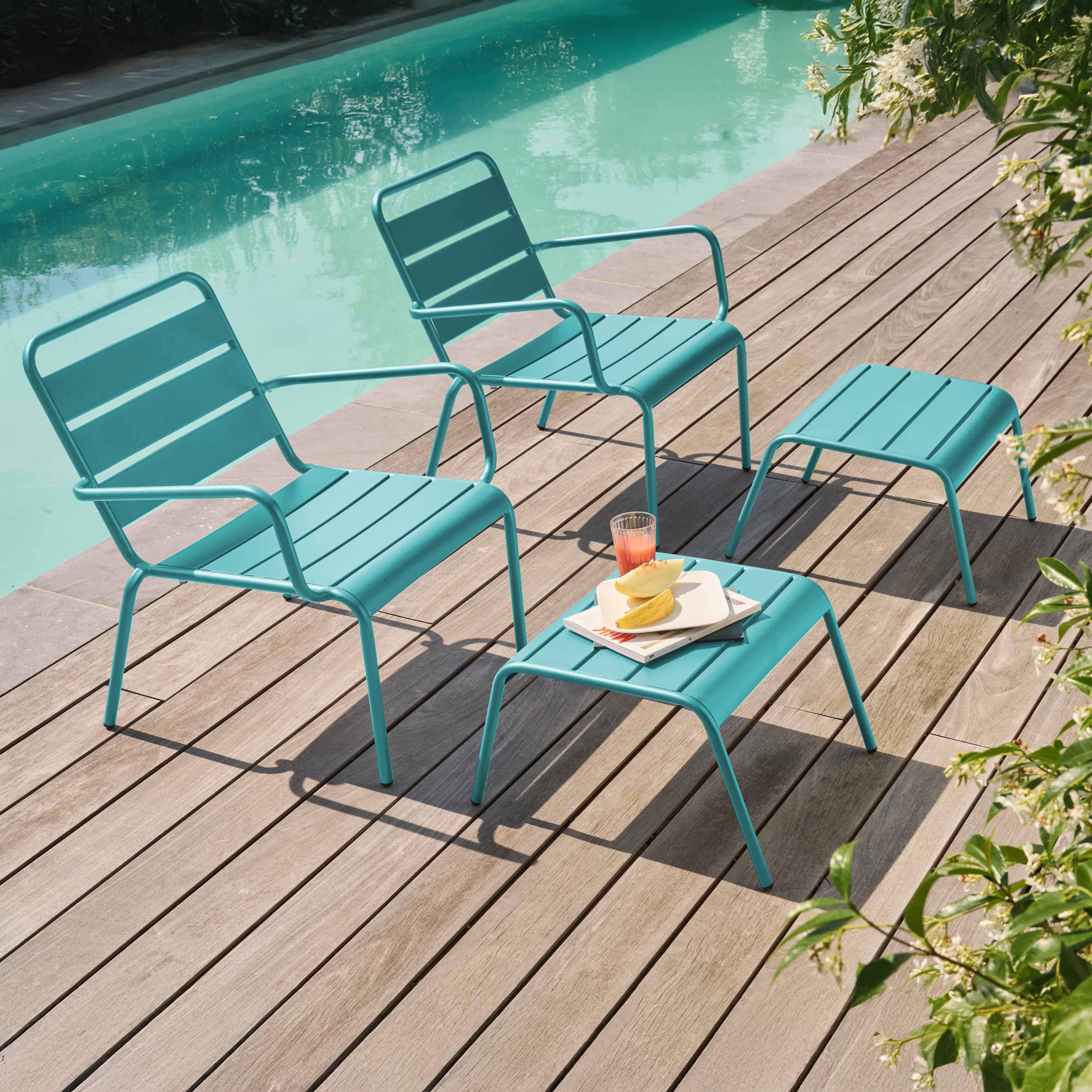 Oviala - Lot de 2 fauteuils relax avec repose-pieds en métal turquoise Palavas - Oviala - Imagen 2