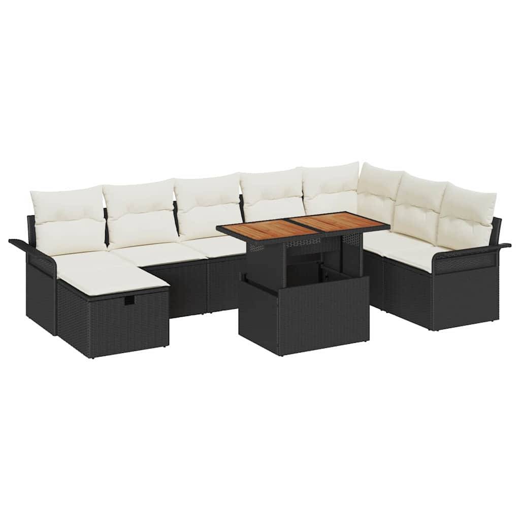 Salon de jardin 8 places en polyrotin et bois d'acacia avec pouf pour terrasse Noir – ComfortXL Outdoor Living - Image 2