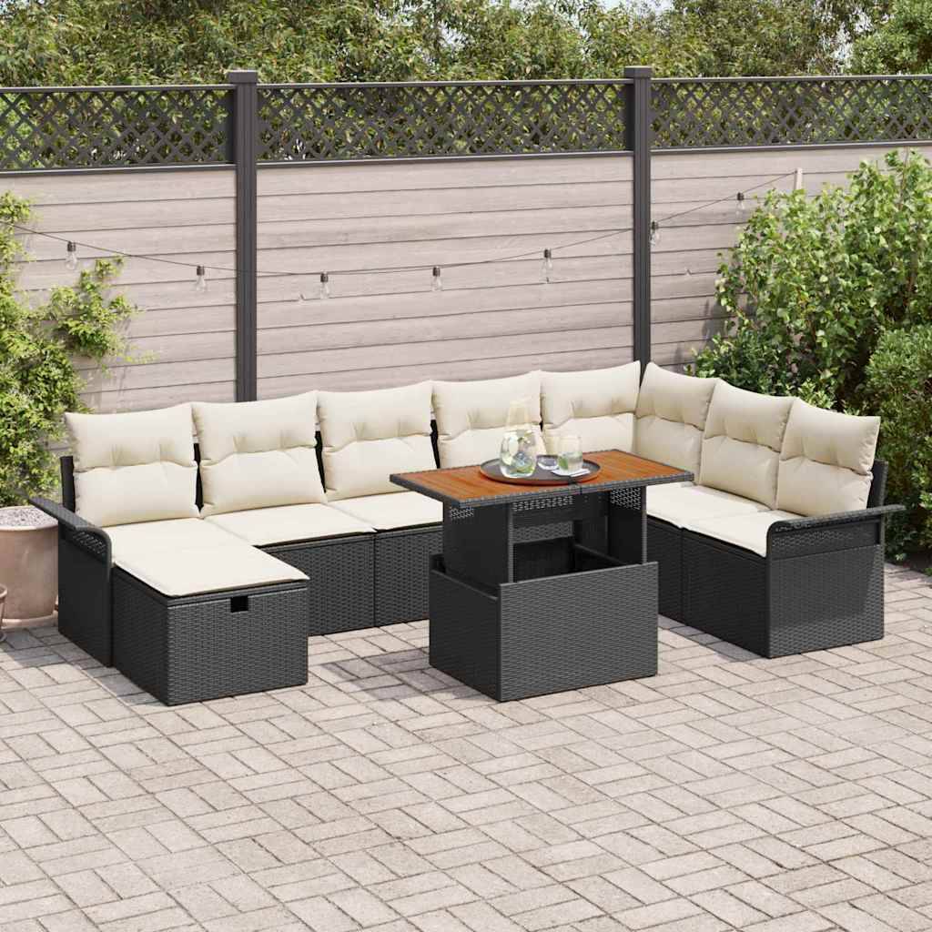 Salon de jardin 8 places en polyrotin et bois d'acacia avec pouf pour terrasse Noir – ComfortXL Outdoor Living - Image 1