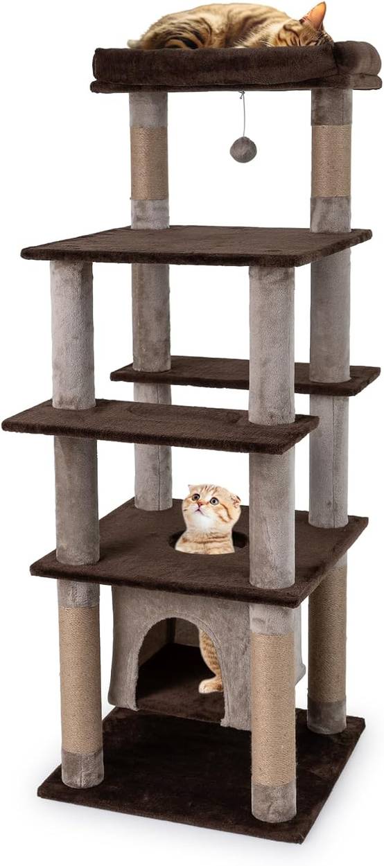 Arbre à Chat XXL 148 cm, Condo Flottant, 6 Plateformes, 6 Poteaux à Griffer en Jute, Arbre a Chat Maine Coon, Pompon Suspendu, Trou d'Exploration, Tis - Image 1
