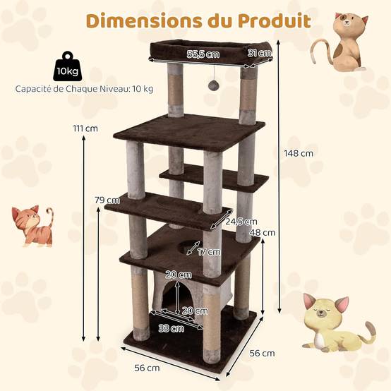 Arbre à Chat XXL 148 cm, Condo Flottant, 6 Plateformes, 6 Poteaux à Griffer en Jute, Arbre a Chat Maine Coon, Pompon Suspendu, Trou d'Exploration, Tis - Image 4