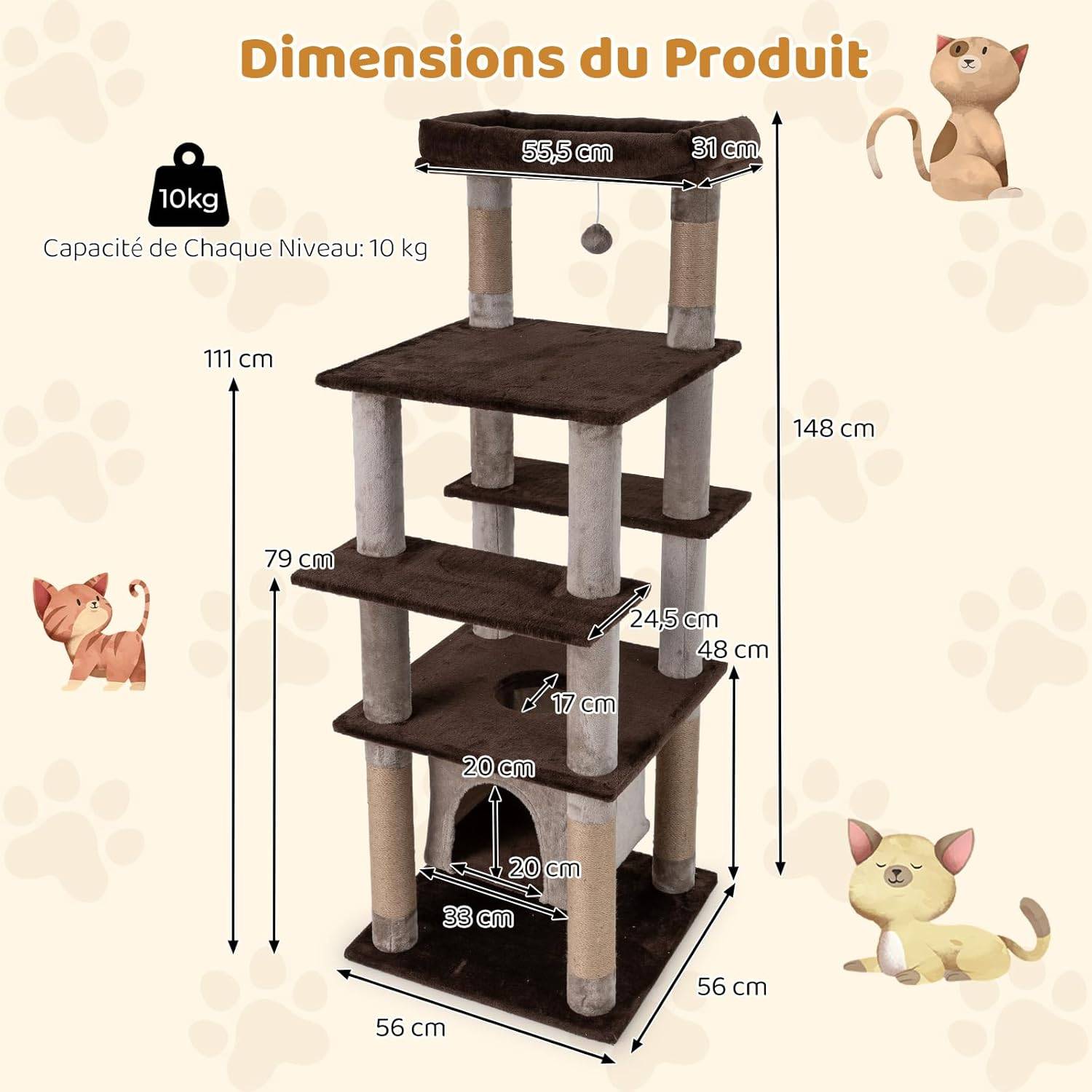 Arbre à Chat XXL 148 cm, Condo Flottant, 6 Plateformes, 6 Poteaux à Griffer en Jute, Arbre a Chat Maine Coon, Pompon Suspendu, Trou d'Exploration, Tis - Image 4