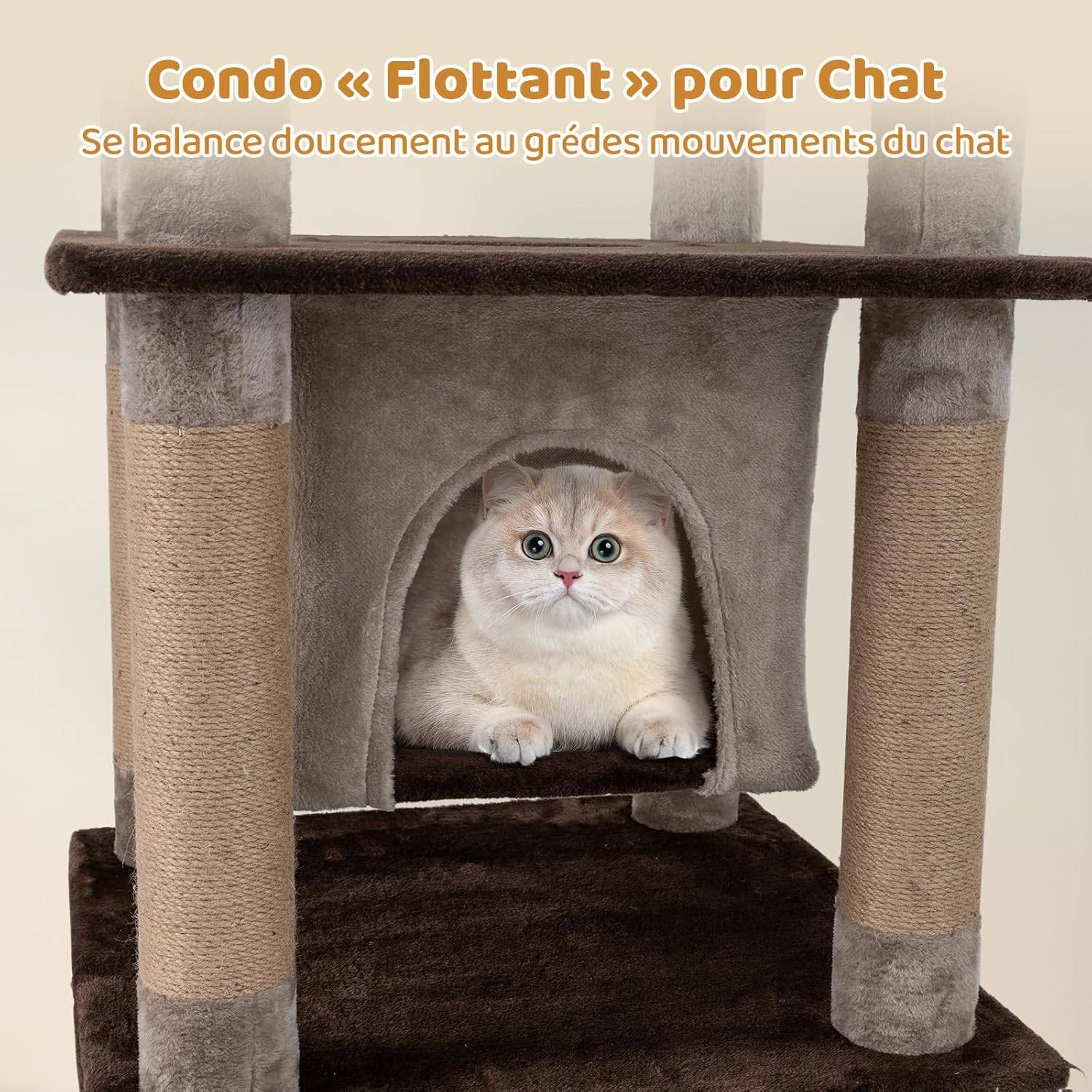 Arbre à Chat XXL 148 cm, Condo Flottant, 6 Plateformes, 6 Poteaux à Griffer en Jute, Arbre a Chat Maine Coon, Pompon Suspendu, Trou d'Exploration, Tis - Image 2