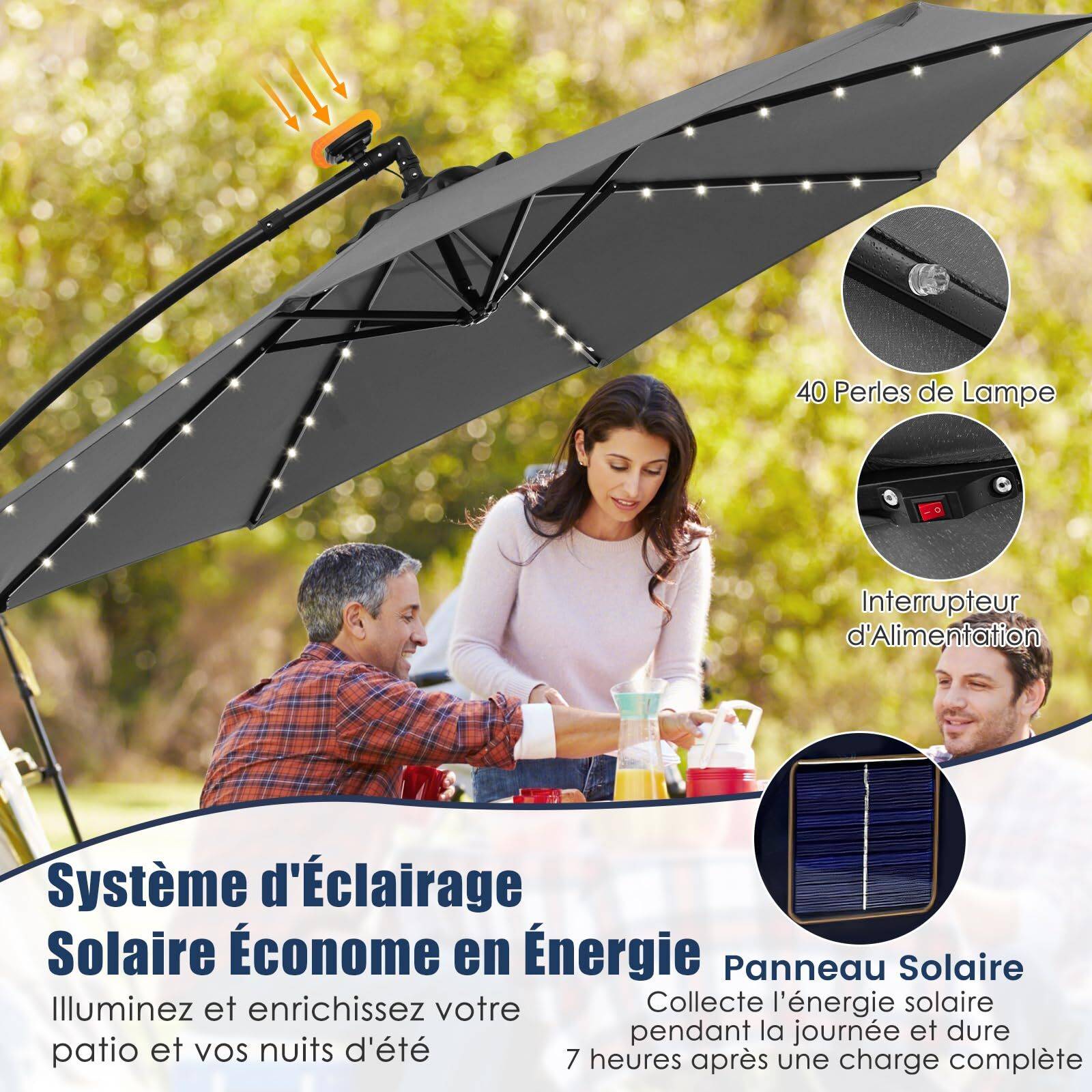 Costway - Parasol Déporté Excentré 3M Hexagonale, avec 40 LED Solaire, Inclinable, 8 Baleines en Métal, Base Croisée, Parasol à Manivelle, Gris - Image 8