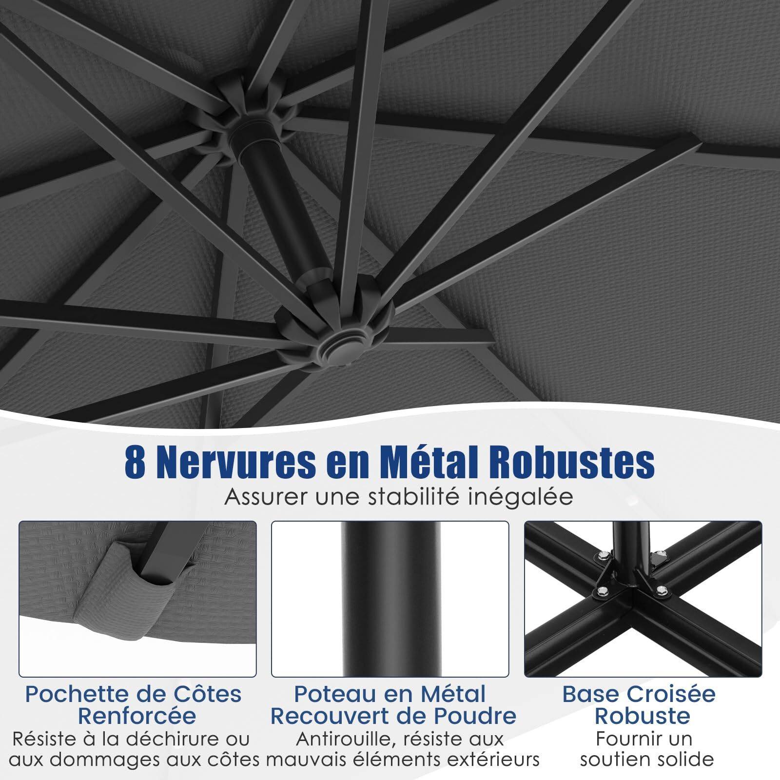 Costway - Parasol Déporté Excentré 3M Hexagonale, avec 40 LED Solaire, Inclinable, 8 Baleines en Métal, Base Croisée, Parasol à Manivelle, Gris - Image 7