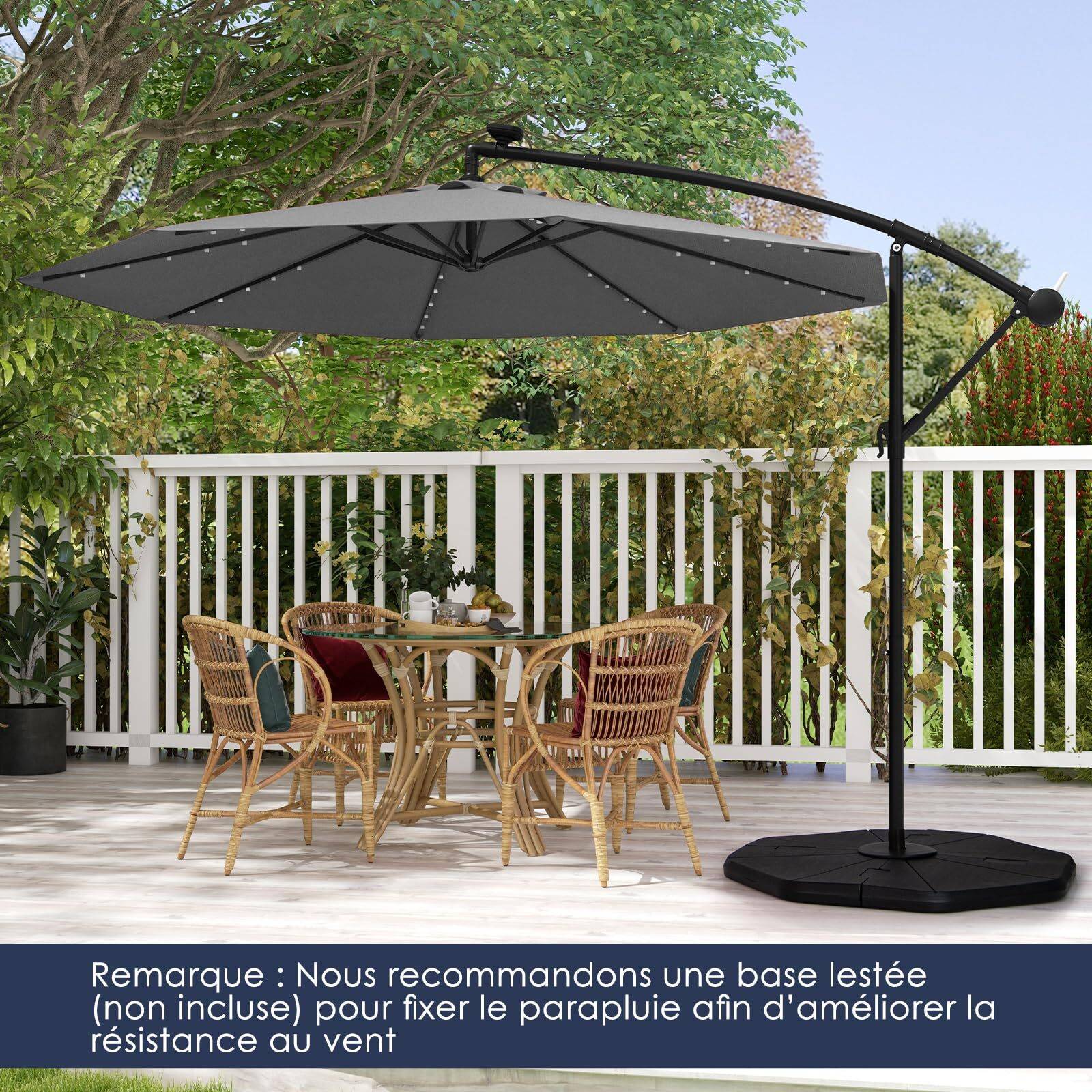 Costway - Parasol Déporté Excentré 3M Hexagonale, avec 40 LED Solaire, Inclinable, 8 Baleines en Métal, Base Croisée, Parasol à Manivelle, Gris - Image 4
