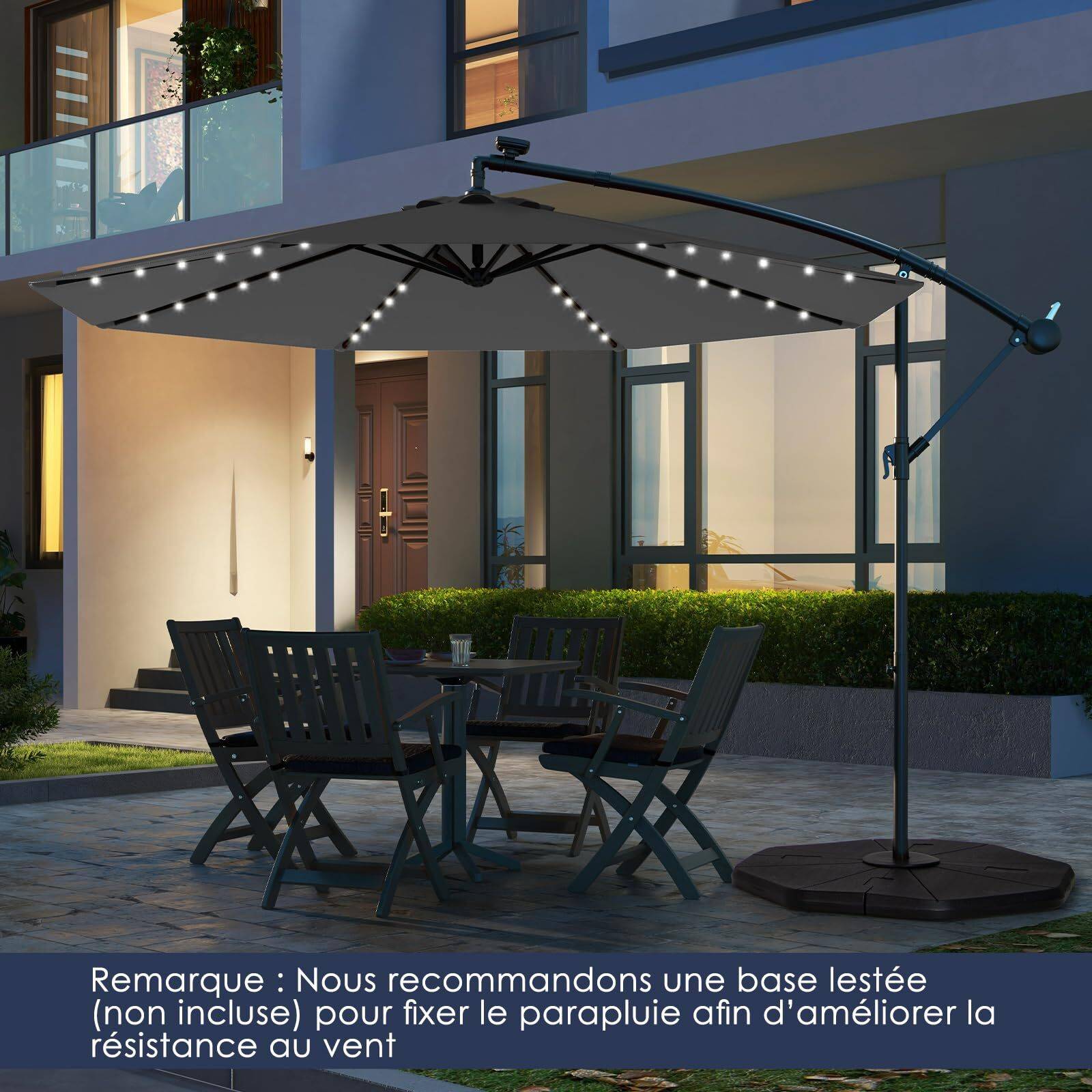 Costway - Parasol Déporté Excentré 3M Hexagonale, avec 40 LED Solaire, Inclinable, 8 Baleines en Métal, Base Croisée, Parasol à Manivelle, Gris - Image 2