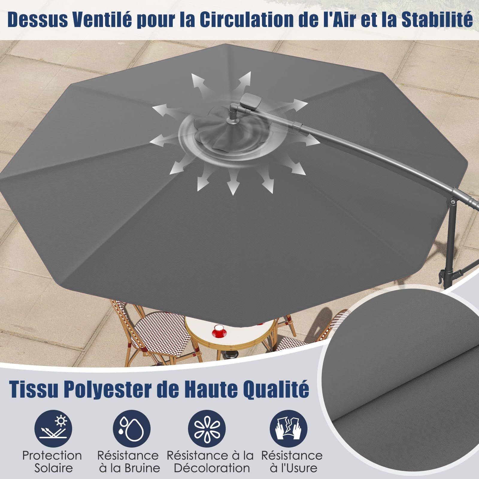 Costway - Parasol Déporté Excentré 3M Hexagonale, avec 40 LED Solaire, Inclinable, 8 Baleines en Métal, Base Croisée, Parasol à Manivelle, Gris - Image 6