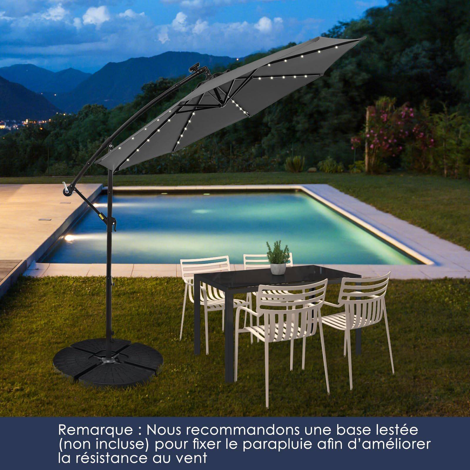 Costway - Parasol Déporté Excentré 3M Hexagonale, avec 40 LED Solaire, Inclinable, 8 Baleines en Métal, Base Croisée, Parasol à Manivelle, Gris - Image 5