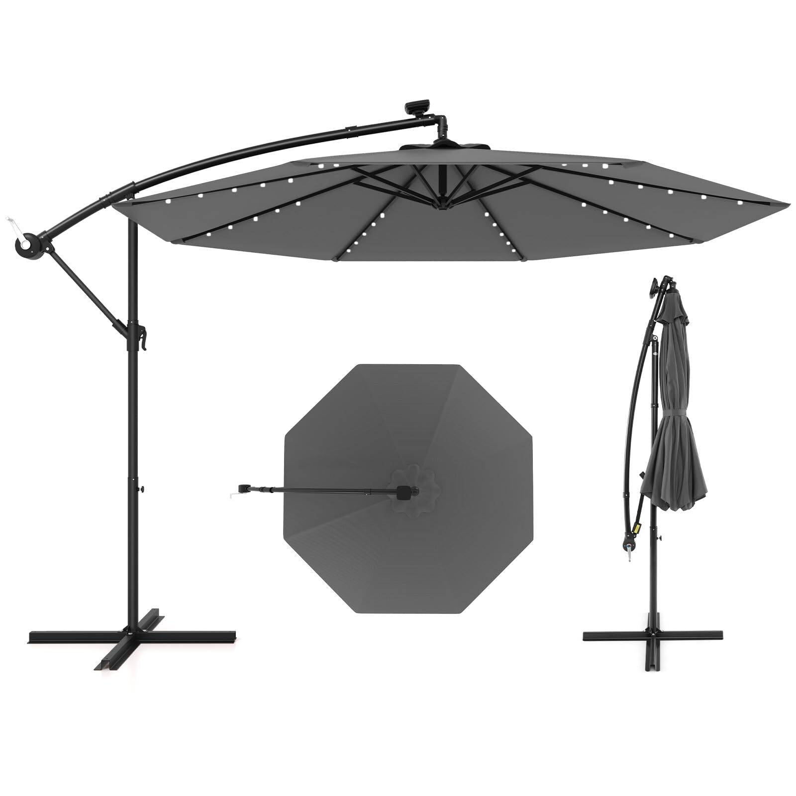 Costway - Parasol Déporté Excentré 3M Hexagonale, avec 40 LED Solaire, Inclinable, 8 Baleines en Métal, Base Croisée, Parasol à Manivelle, Gris - Image 1