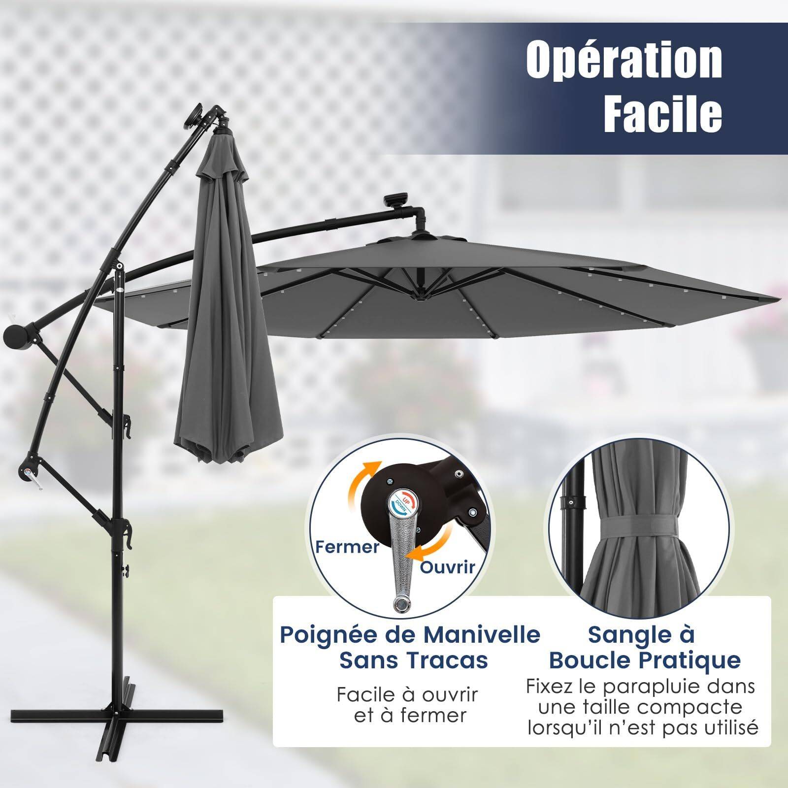 Costway - Parasol Déporté Excentré 3M Hexagonale, avec 40 LED Solaire, Inclinable, 8 Baleines en Métal, Base Croisée, Parasol à Manivelle, Gris - Image 9
