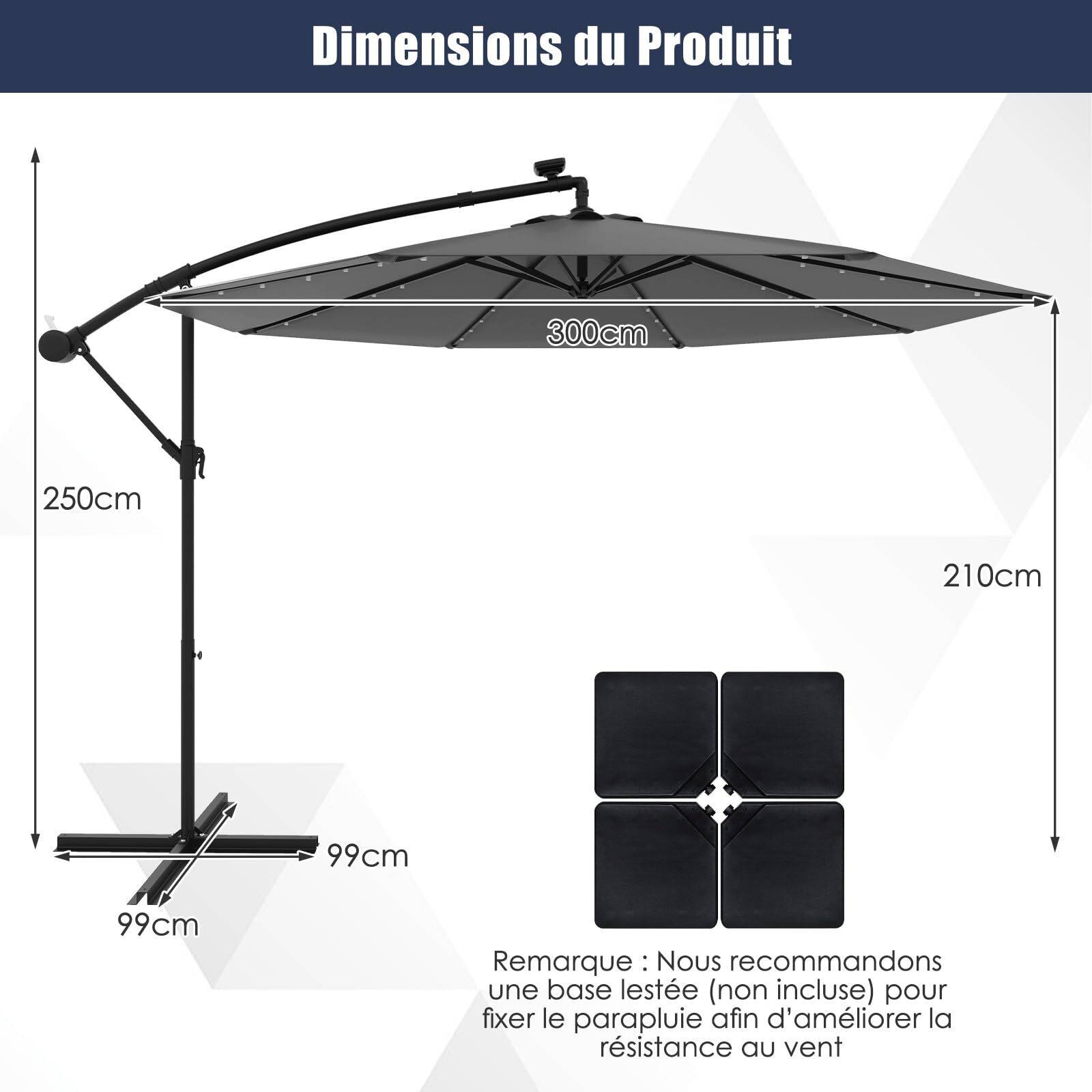 Costway - Parasol Déporté Excentré 3M Hexagonale, avec 40 LED Solaire, Inclinable, 8 Baleines en Métal, Base Croisée, Parasol à Manivelle, Gris - Image 3