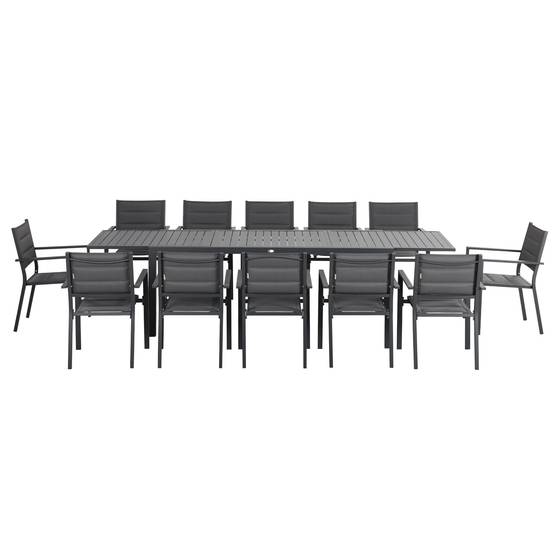 Salon de jardin en aluminium et textilène table extensible 6 chaises empilables 6 personnes gris - Image 2