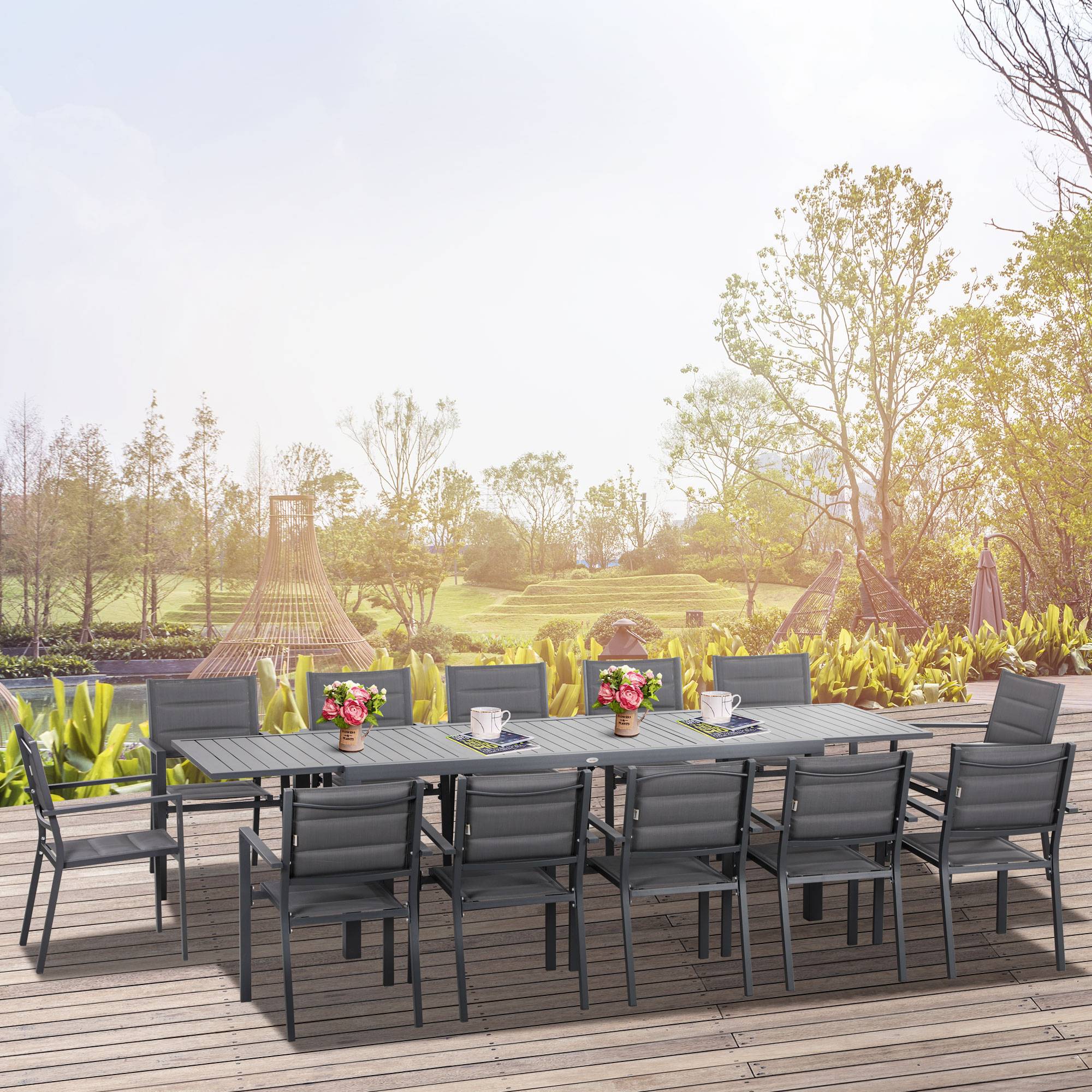 Salon de jardin en aluminium et textilène table extensible 6 chaises empilables 6 personnes gris - Image 4