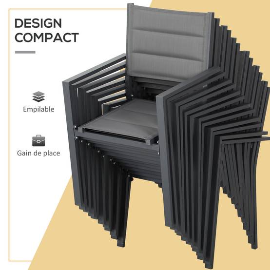 Salon de jardin en aluminium et textilène table extensible 6 chaises empilables 6 personnes gris - Image 7