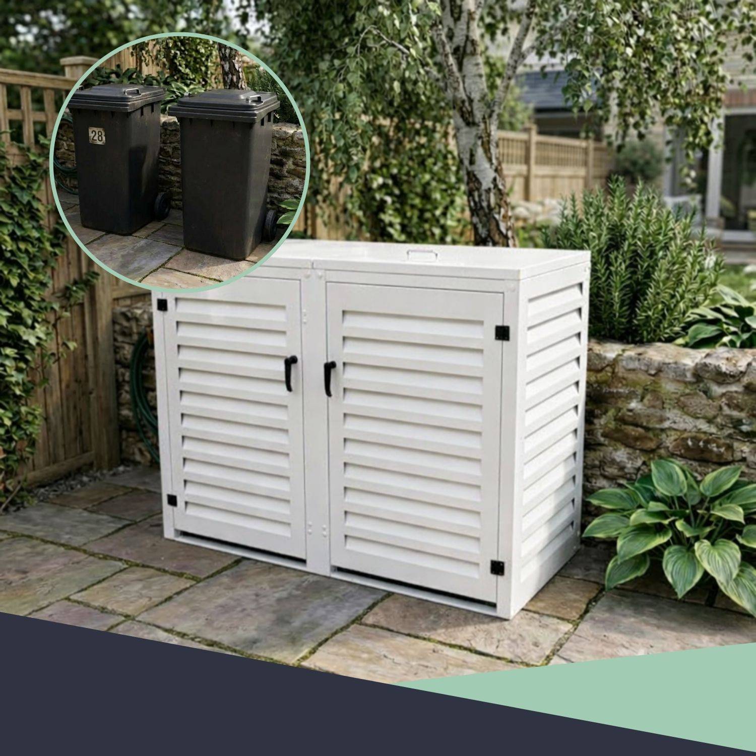 Cache Poubelle Extérieur Double en Aluminium thermolaqué - Abri pour 2 conteneurs 360 Litres – Blanc RAL 9010 - Image 6
