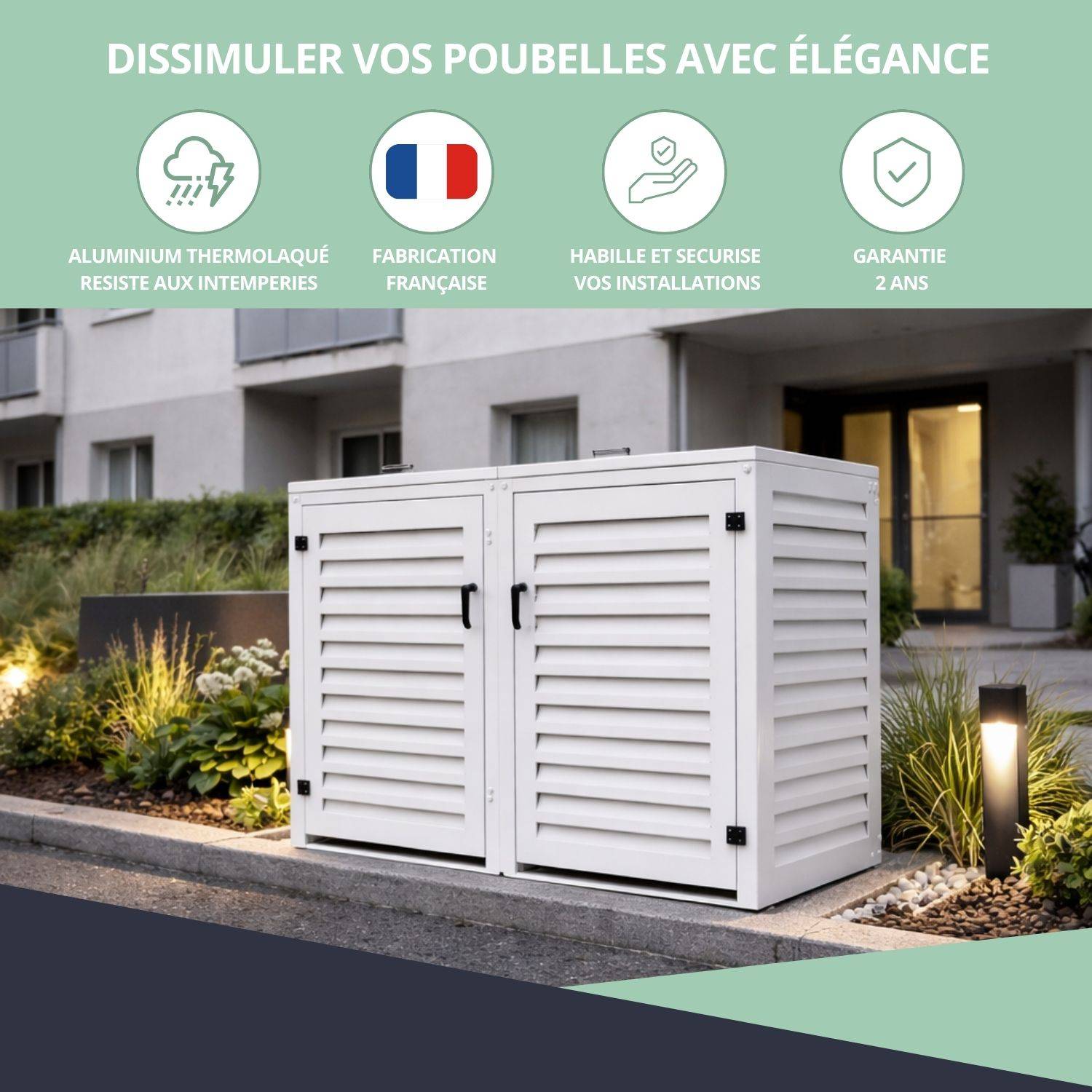 Cache Poubelle Extérieur Double en Aluminium thermolaqué - Abri pour 2 conteneurs 360 Litres – Blanc RAL 9010 - Image 7