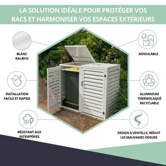 Cache Poubelle Extérieur Double en Aluminium thermolaqué - Abri pour 2 conteneurs 360 Litres – Blanc RAL 9010 - Image 2
