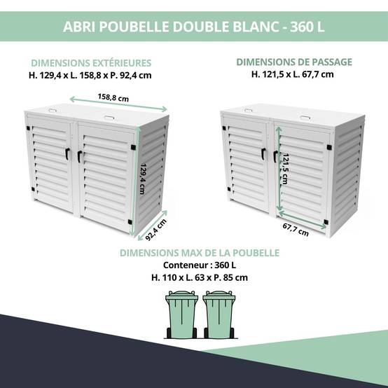 Cache Poubelle Extérieur Double en Aluminium thermolaqué - Abri pour 2 conteneurs 360 Litres – Blanc RAL 9010 - Image 3
