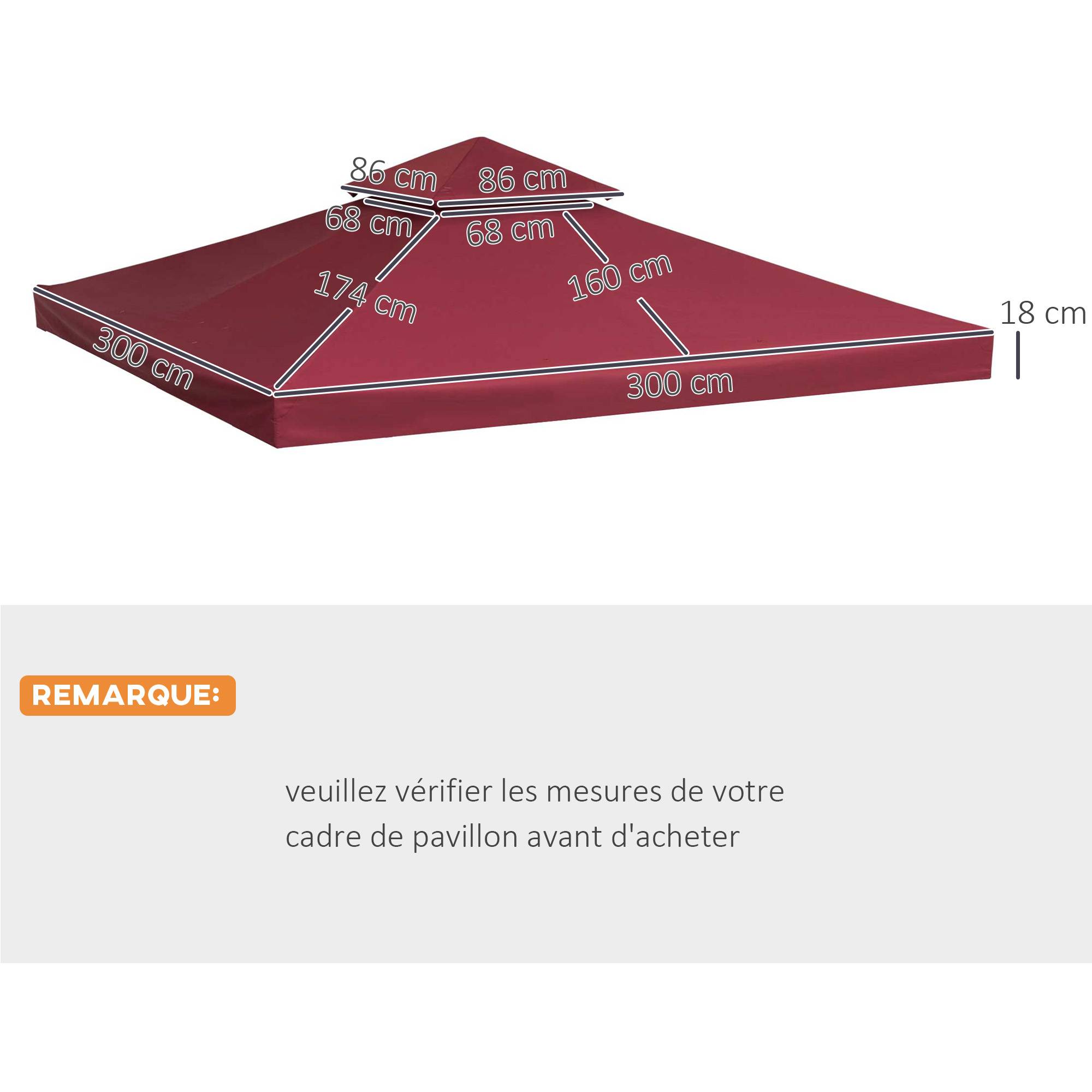 Outsunny - Toile de Rechange pour pavillon tonnelle 3x3m toile Rouge vineux - Outsunny - Imagen 3