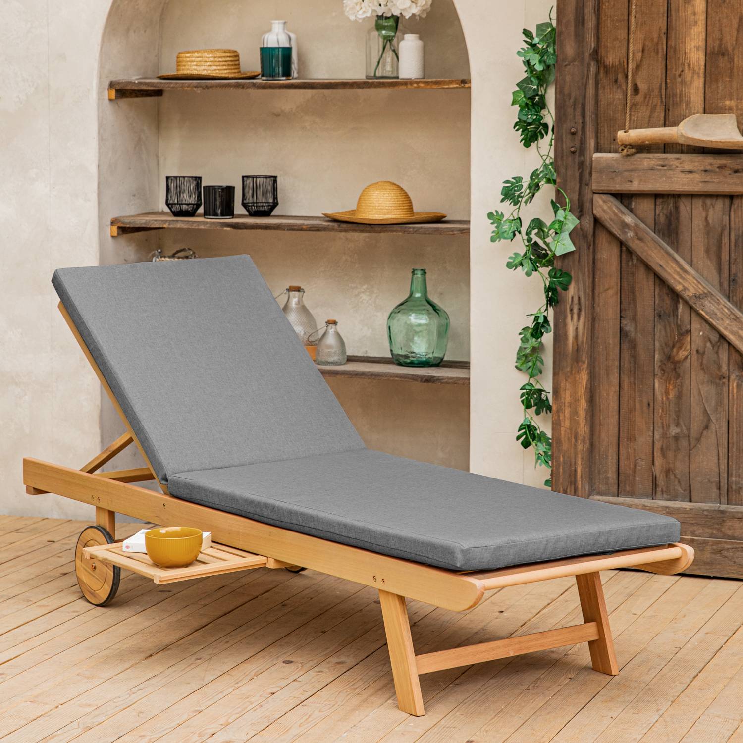 Bain de soleil pliant en acacia KANAWA - coussin gris - HAPPY GARDEN - Image 2