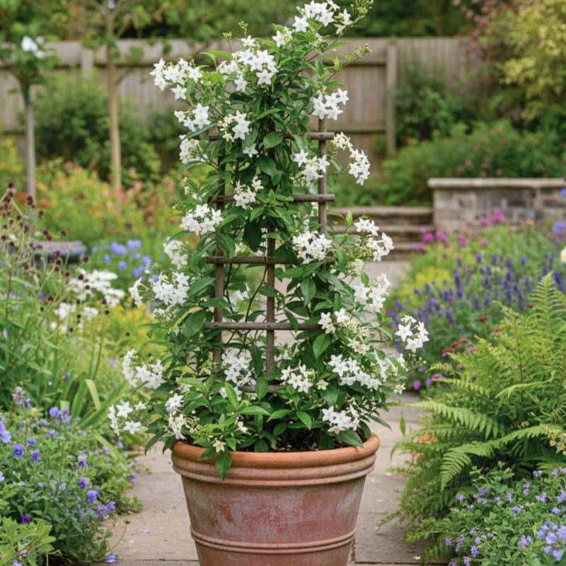 Solanum blanc, Morelle faux jasmin à fleurs Blanche - feuillage Caduc - Pot de 3L - Echelle bambou 60/120 cm- hauteur à maturité De 2,50 m à 3,00 m - Image 5