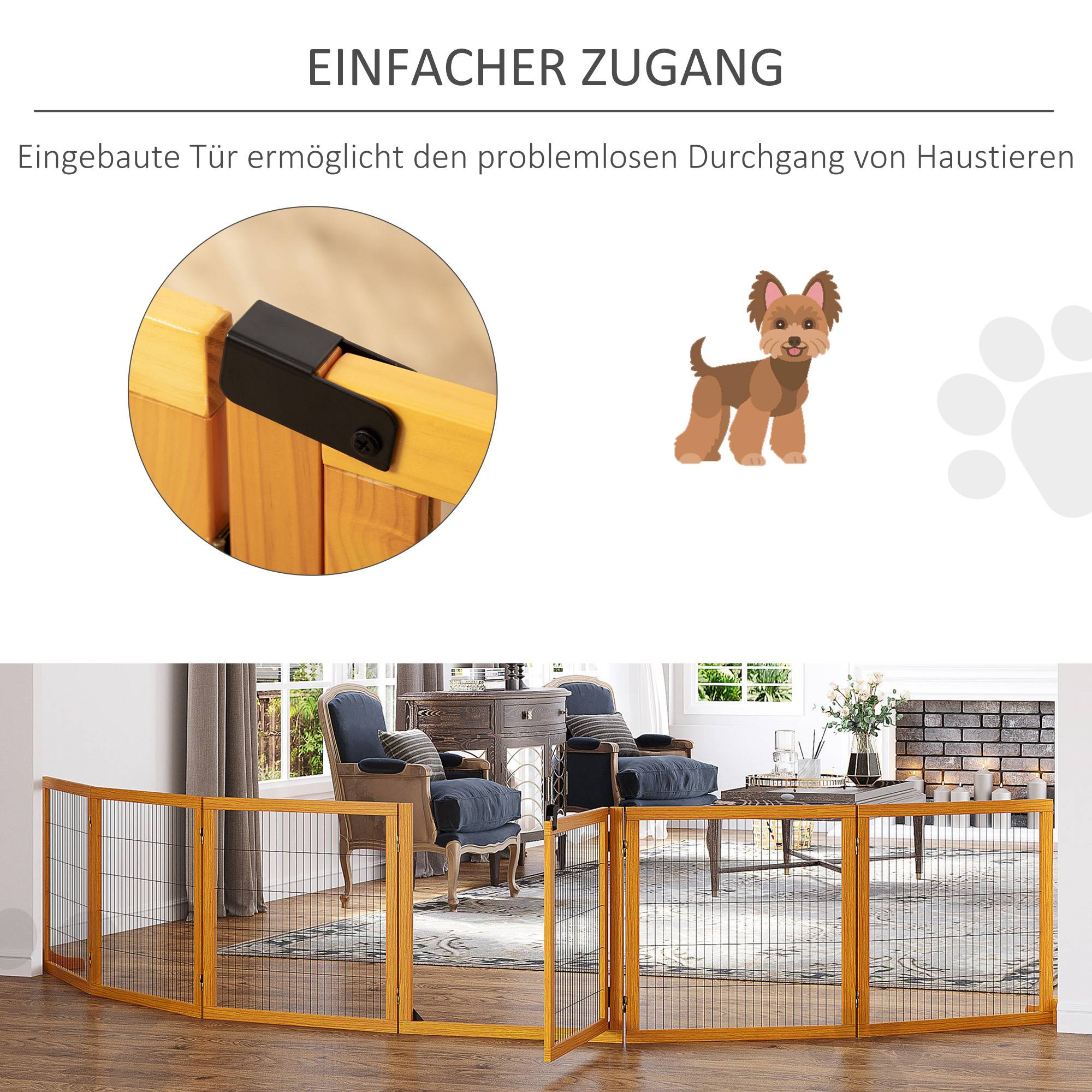 Barrière pour chien, pliable, 432 x 36 x 70 cm, pin, jaune - Image 10