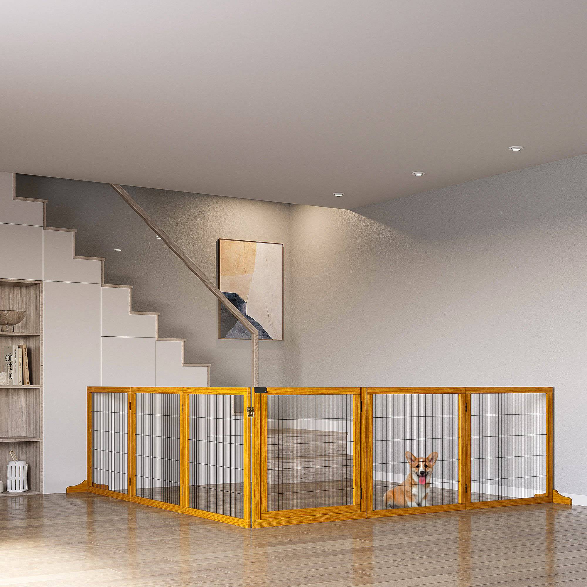 Barrière pour chien, pliable, 432 x 36 x 70 cm, pin, jaune - Image 4