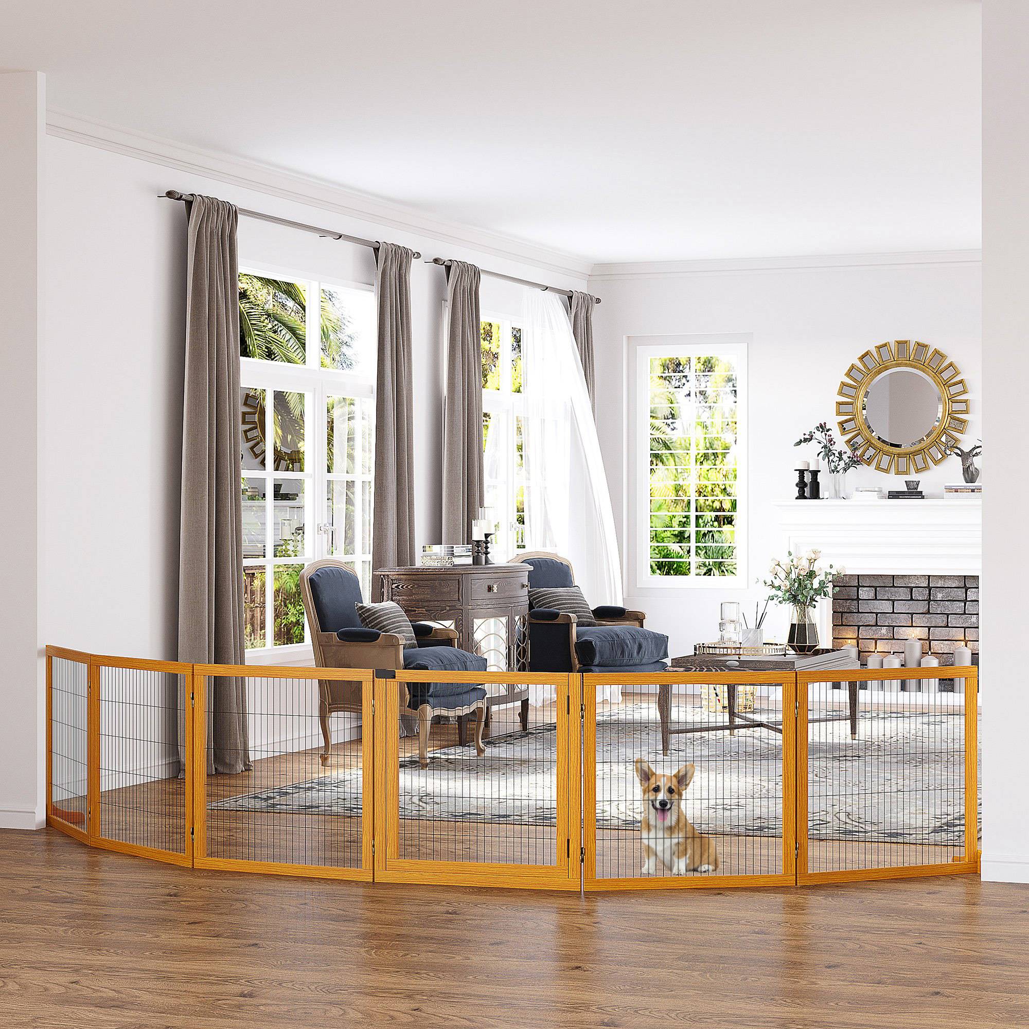 Barrière pour chien, pliable, 432 x 36 x 70 cm, pin, jaune - Image 3