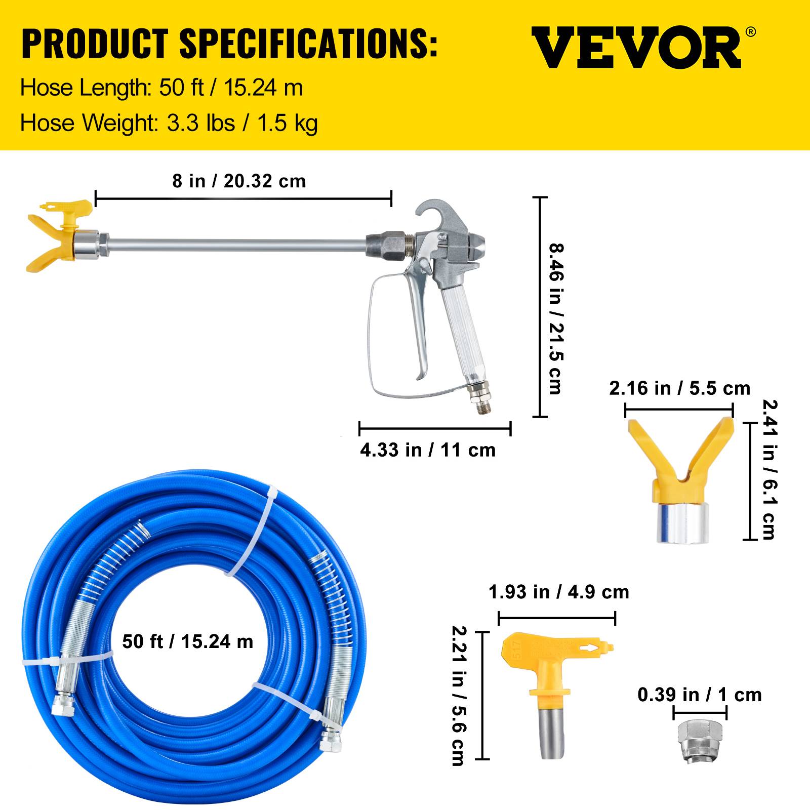 Vevor - VEVOR Ensemble tuyaux peinture sans air, 50 pieds, 3600 psi. Rallonge 8 pouces, buse 517, rotatif 1/4". - Image 7
