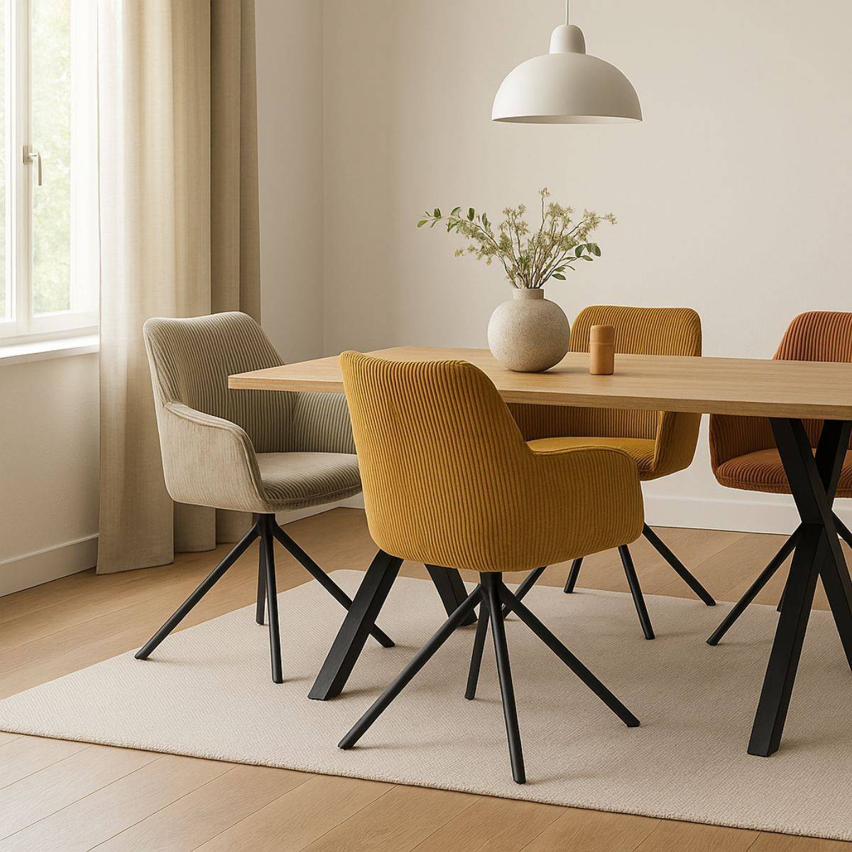 ALTOBUY - Lot de 6 Fauteuils de table Pivotants Tissu Velours Côtelé Beige - DELIA - Image 2