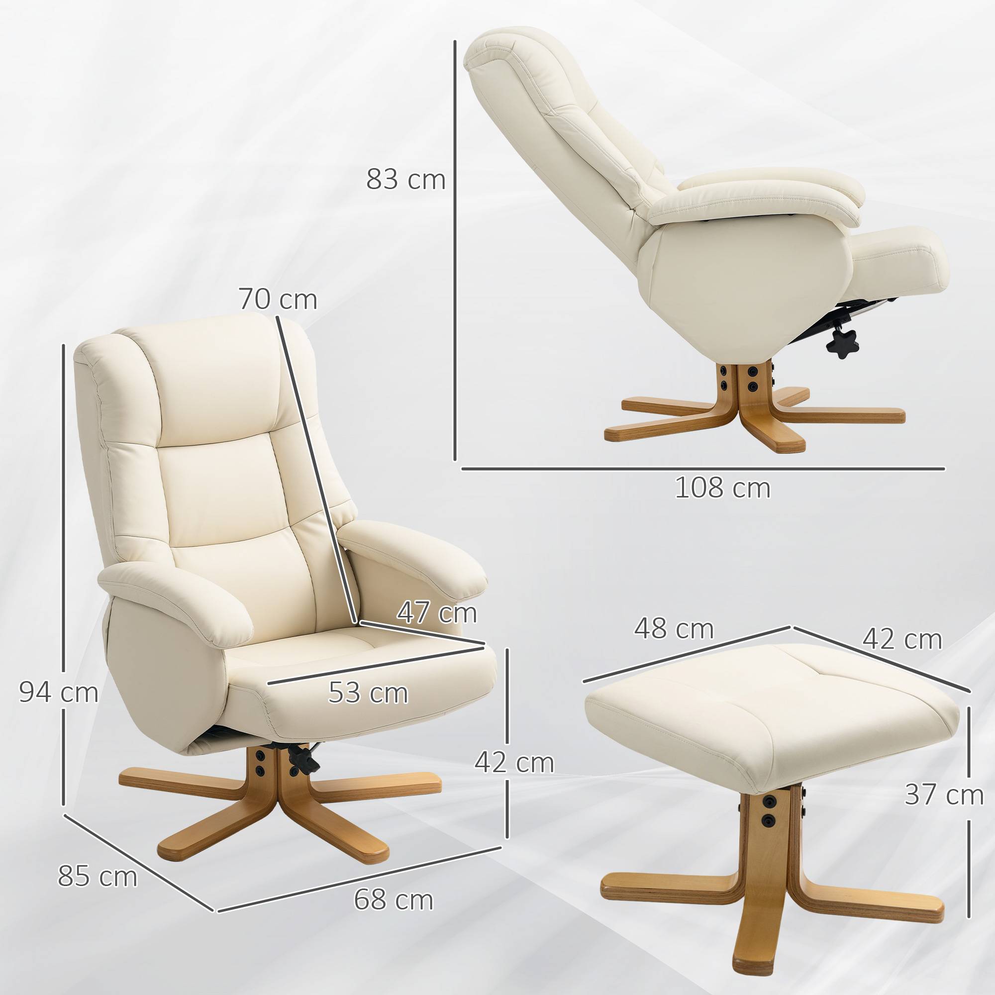 Fauteuil relax avec repose-pied fauteuil de relaxation pivotant 360° dossier inclinable charge 120 Kg crème - Image 5